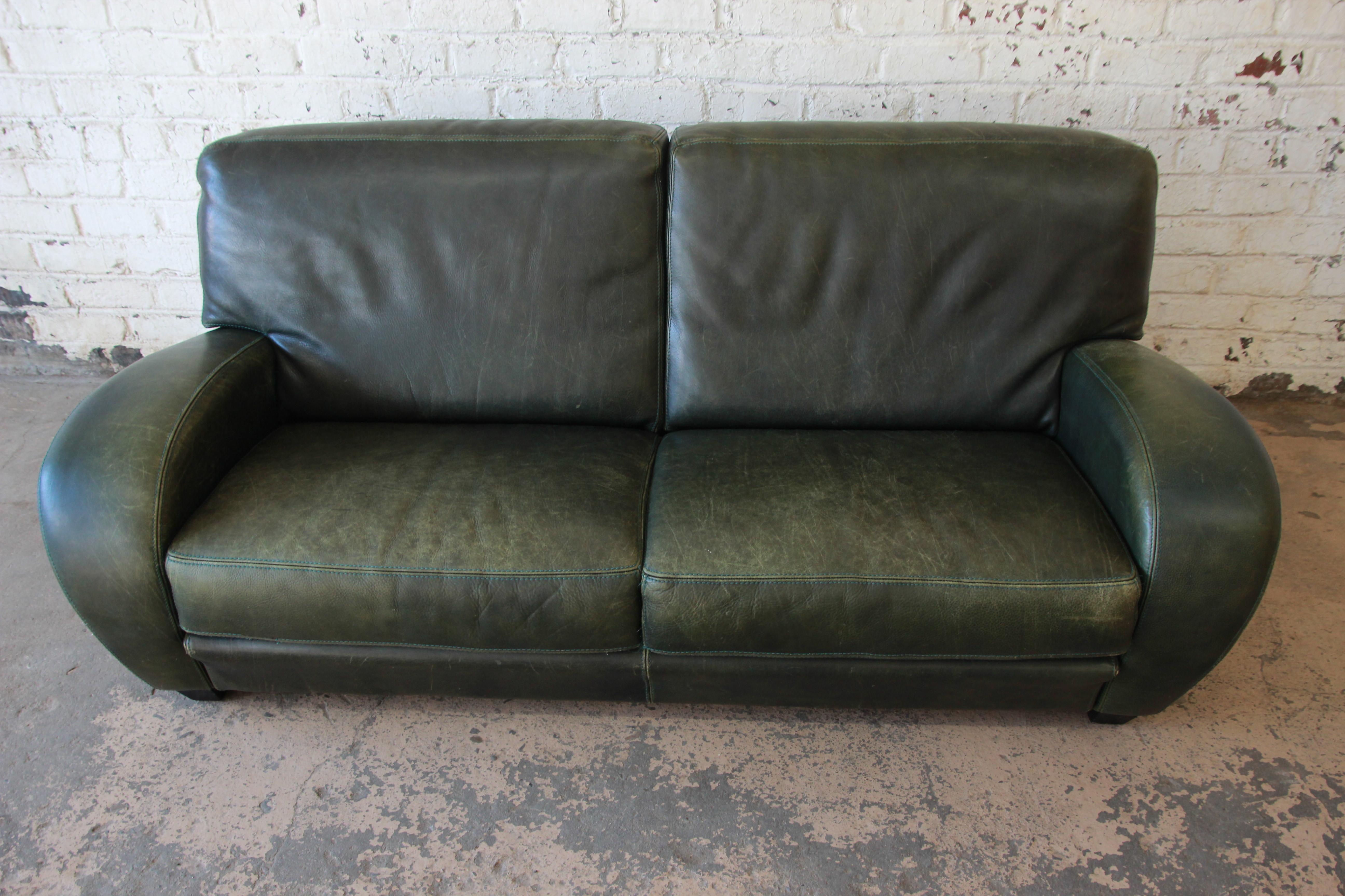 French Roche Bobois Art Deco Green Leather Sofa