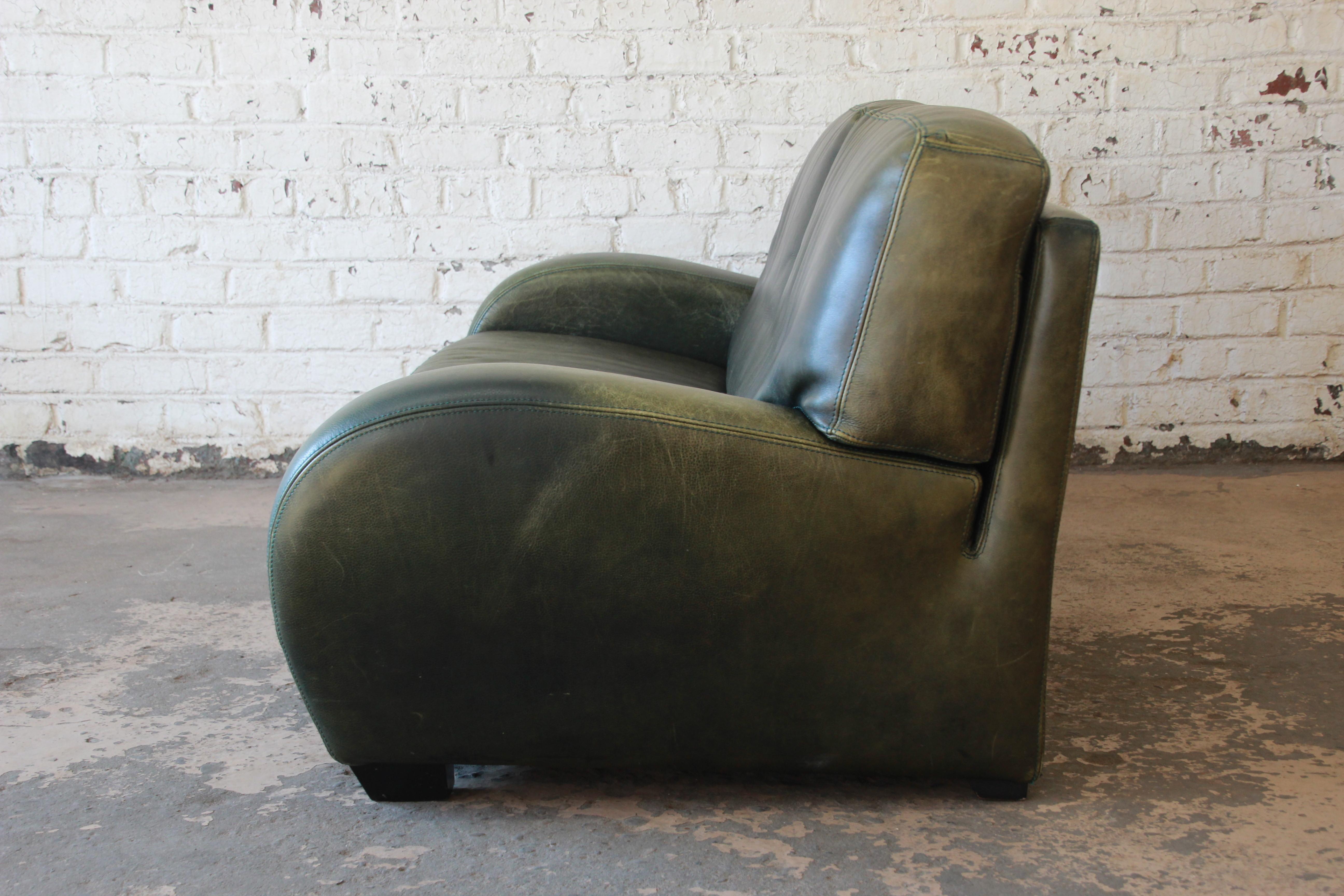 20th Century Roche Bobois Art Deco Green Leather Sofa
