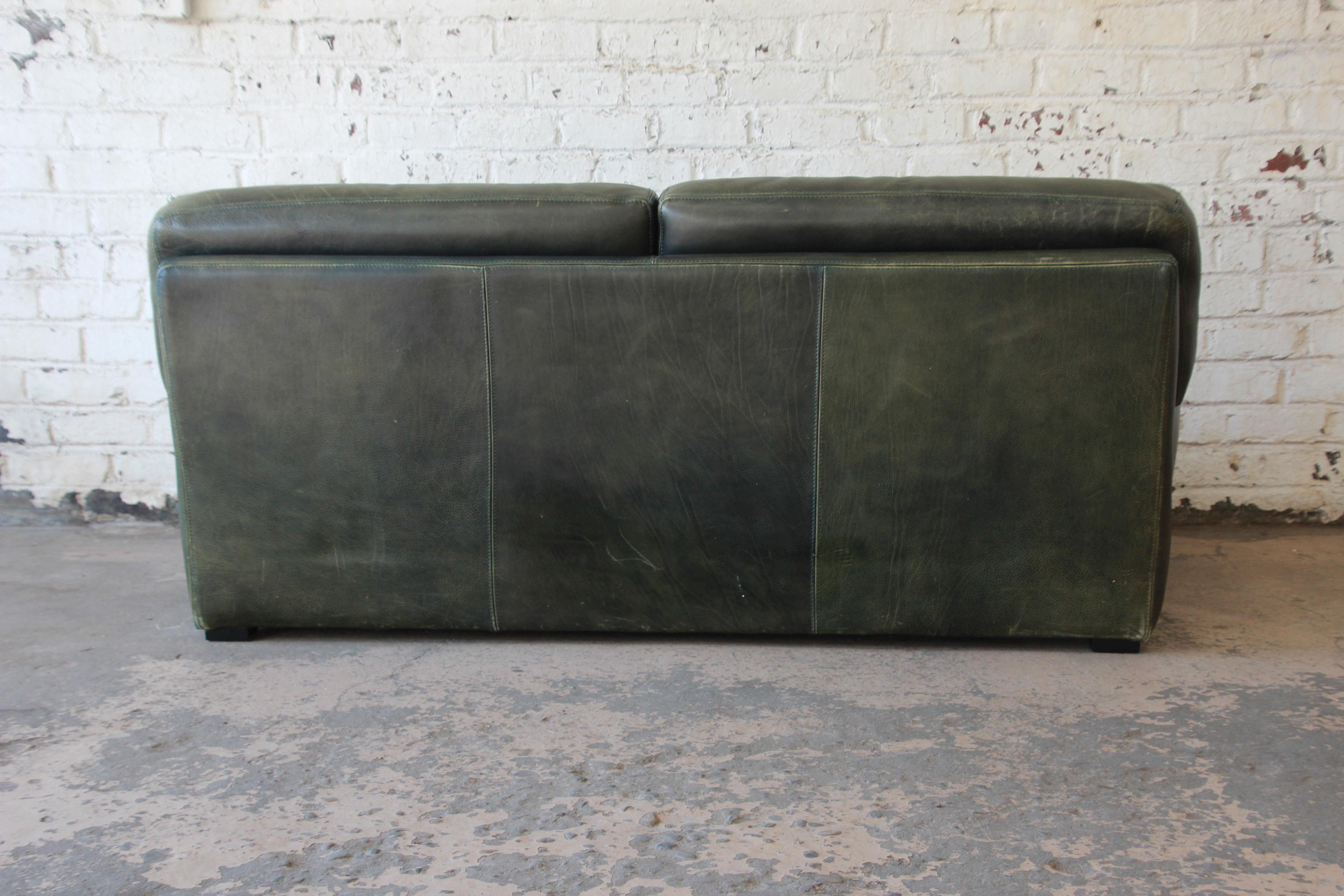 Roche Bobois Art Deco Green Leather Sofa 1