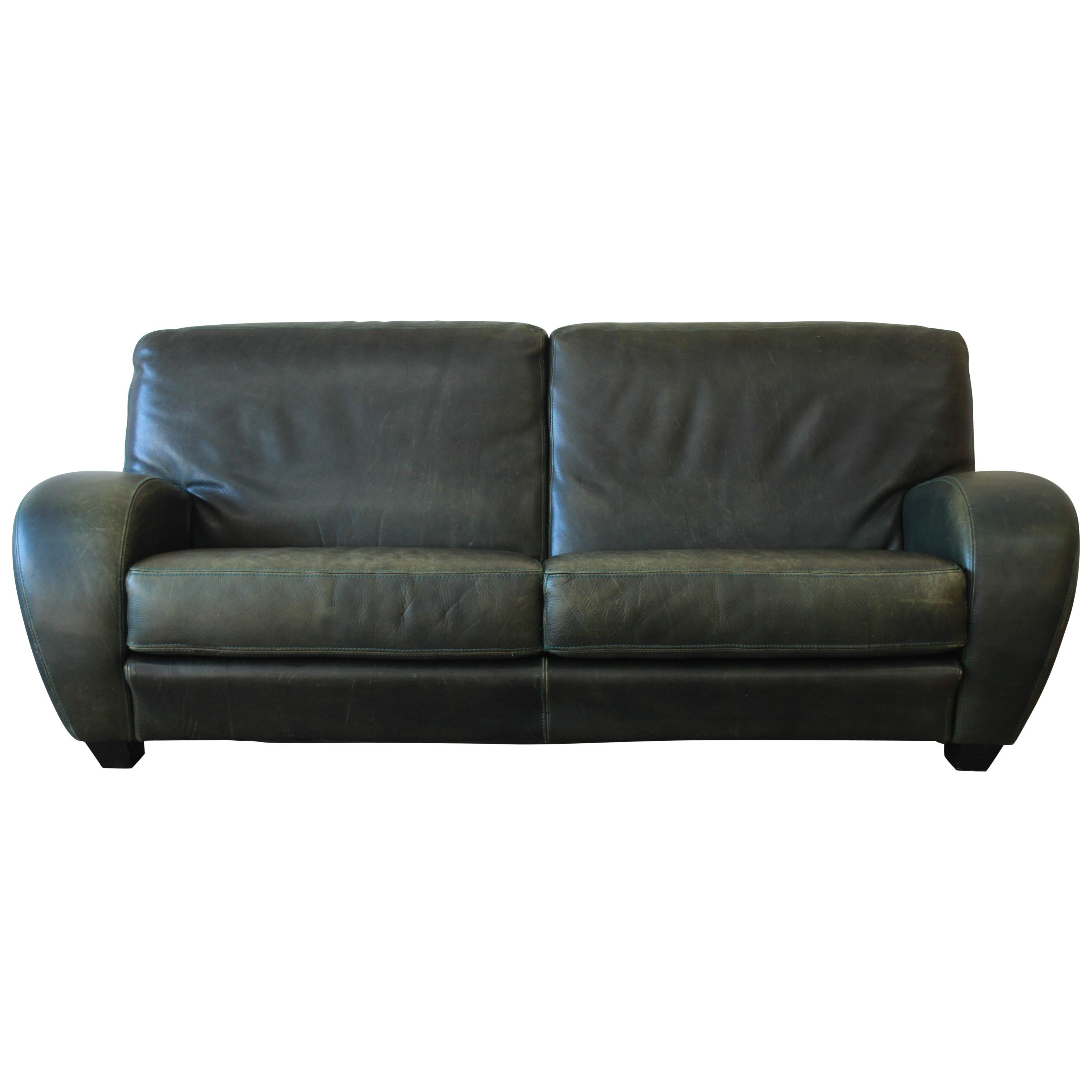 Roche Bobois Art Deco Green Leather Sofa