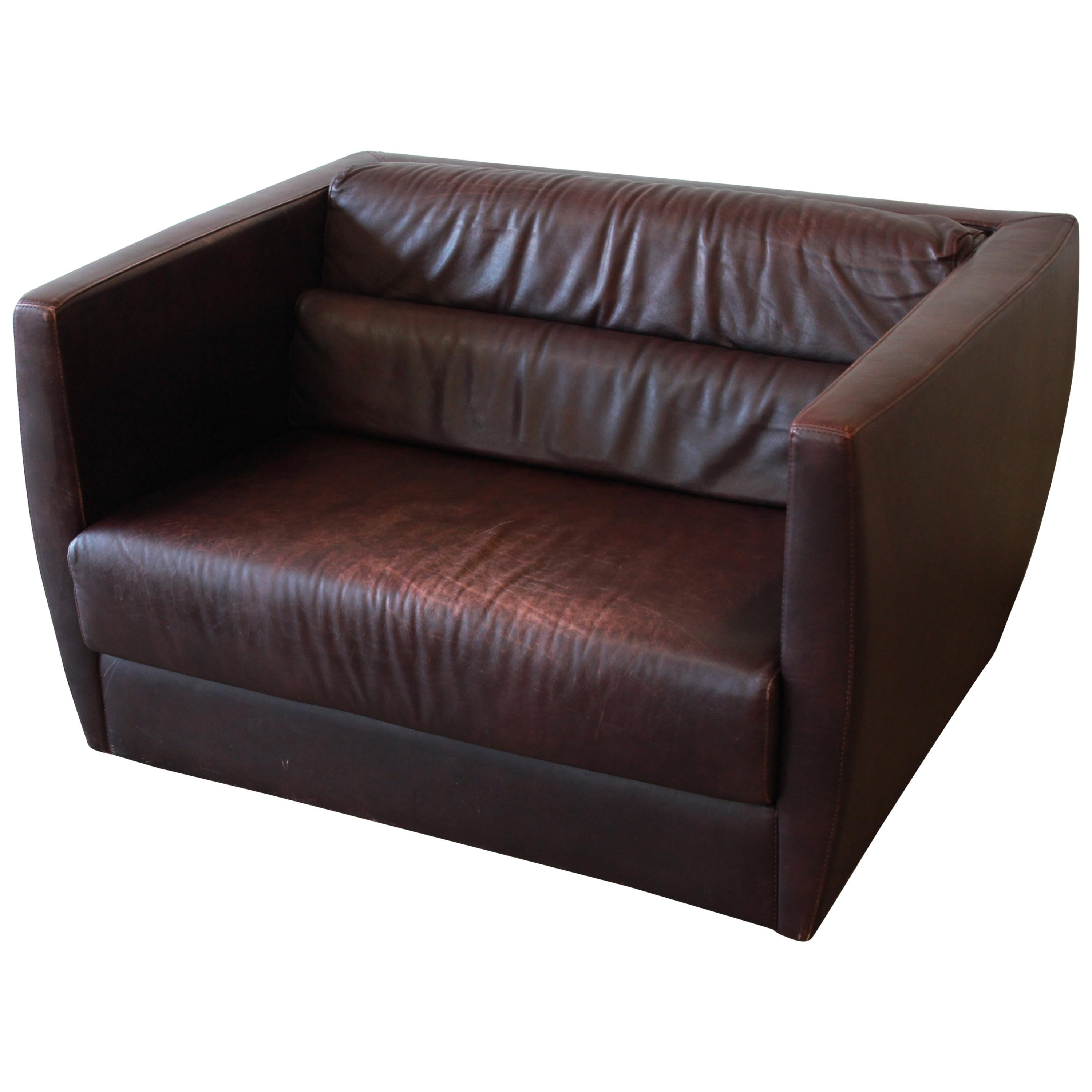 Roche Bobois Bauhaus Style Leather Loveseat or Cube Chair, 1970s