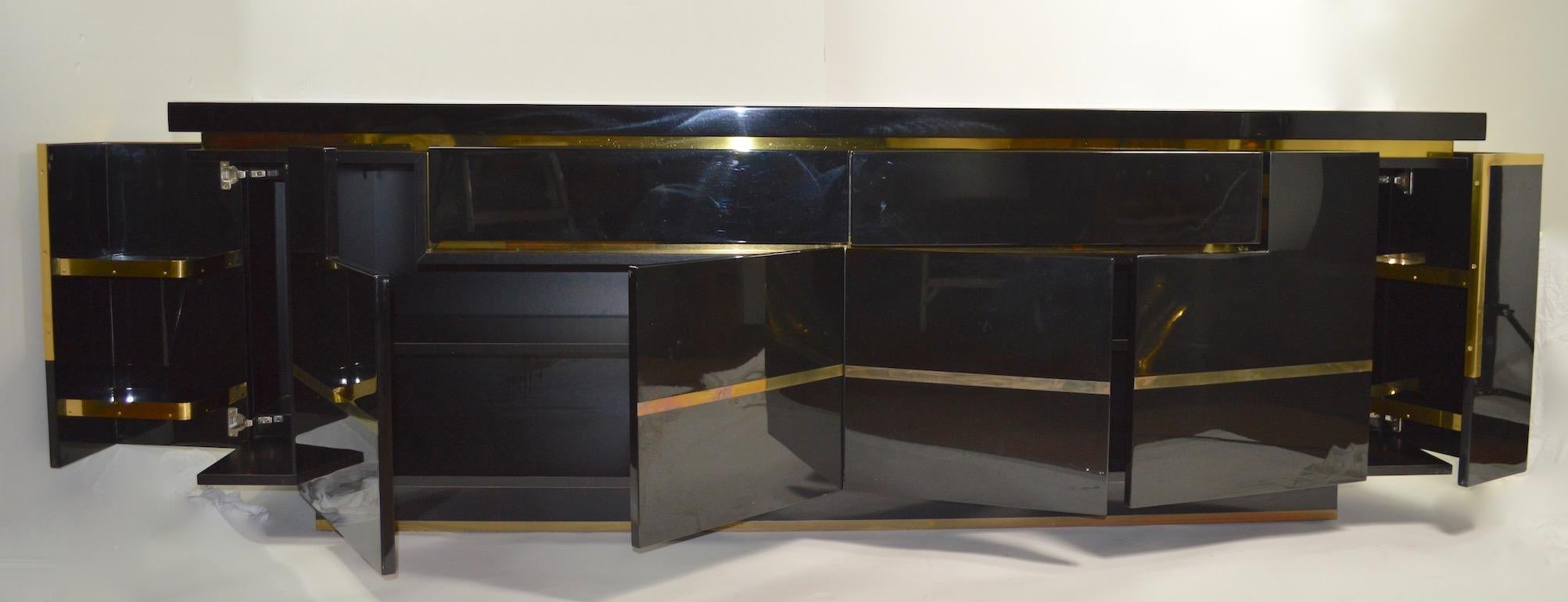 French Roche Bobois Black Lacquer Sideboard Bar Credenza, Jean Claude Mahey