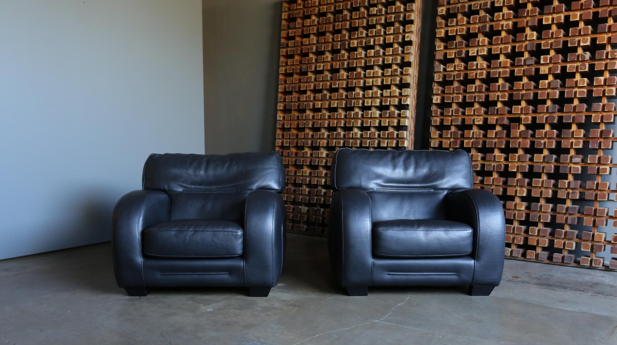 Roche Bobois Black Pebble Leather Lounge Chairs, circa 1990 4