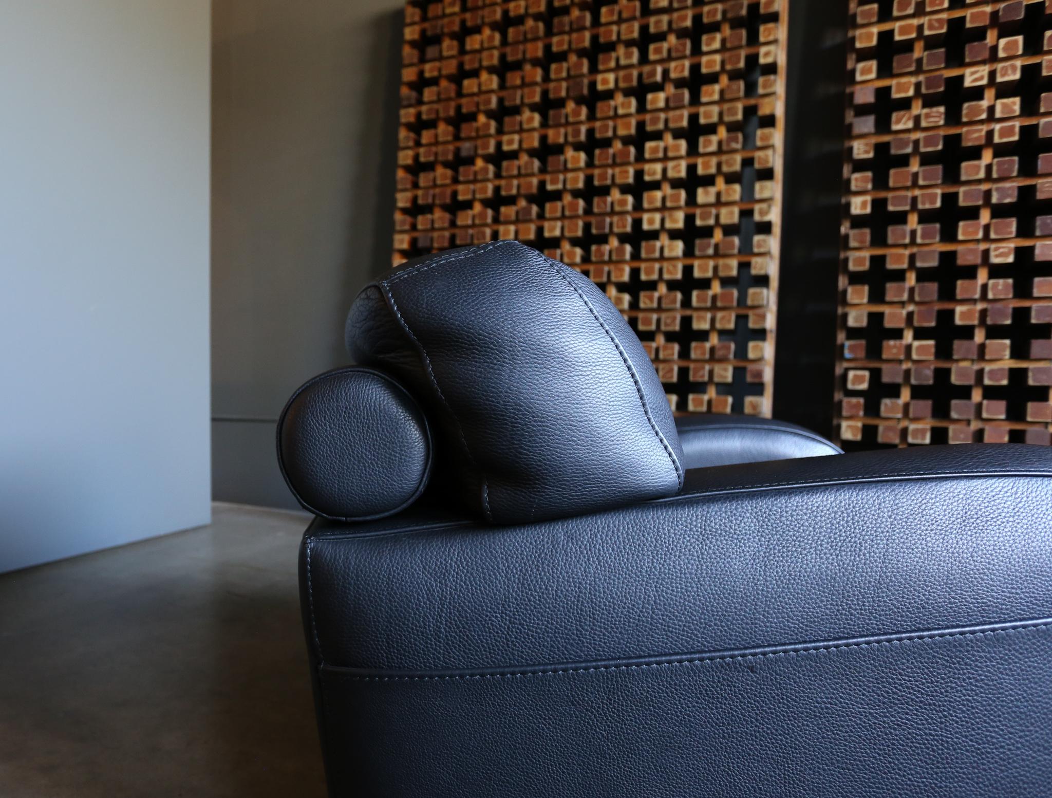 Roche Bobois Black Pebble Leather Lounge Chairs, circa 1990 5