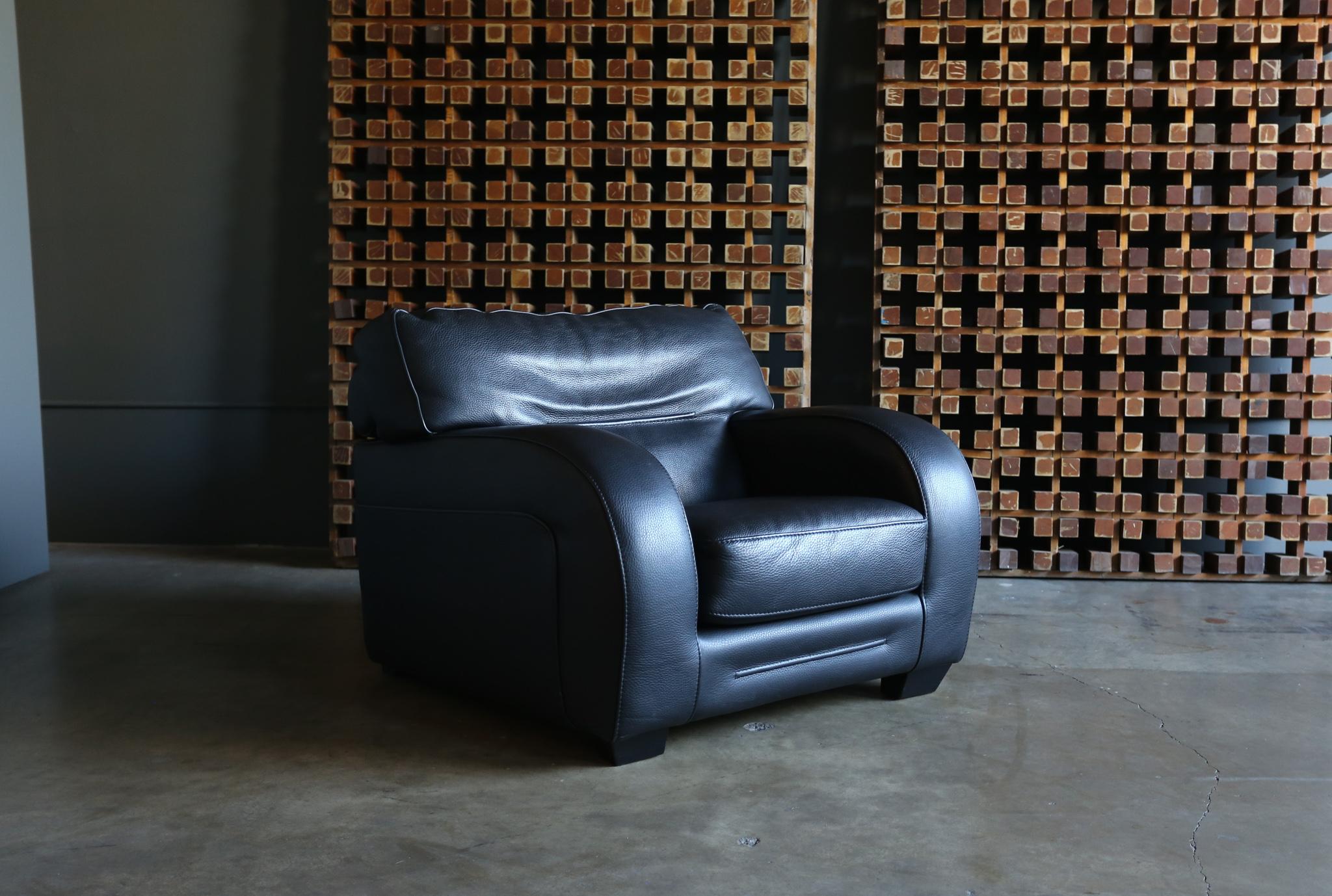 Roche Bobois Black Pebble Leather Lounge Chairs, circa 1990 6
