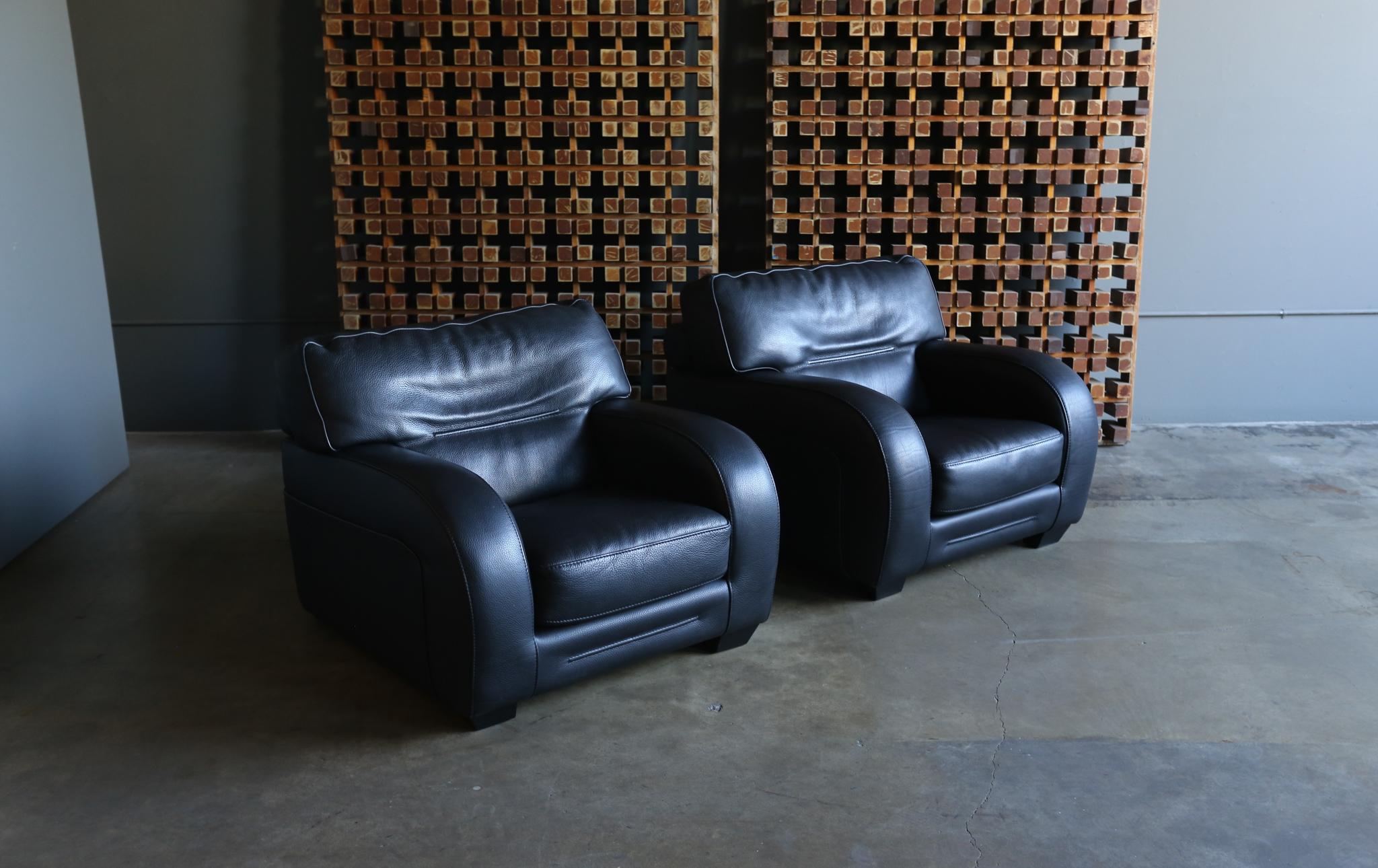Roche Bobois Black Pebble Leather Lounge Chairs, circa 1990 7
