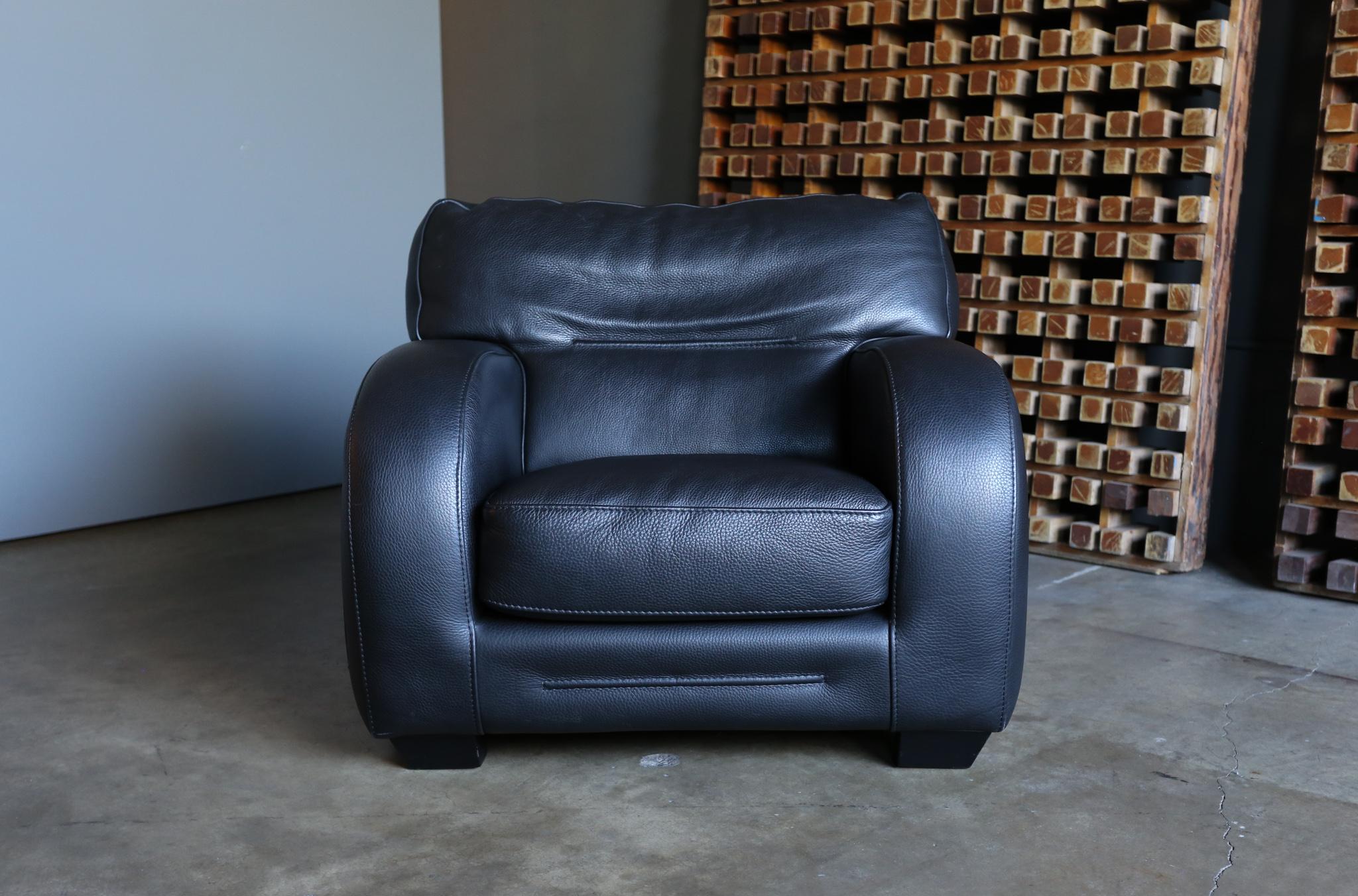 French Roche Bobois Black Pebble Leather Lounge Chairs, circa 1990