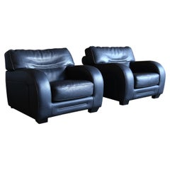 Roche Bobois Black Pebble Leather Lounge Chairs, circa 1990