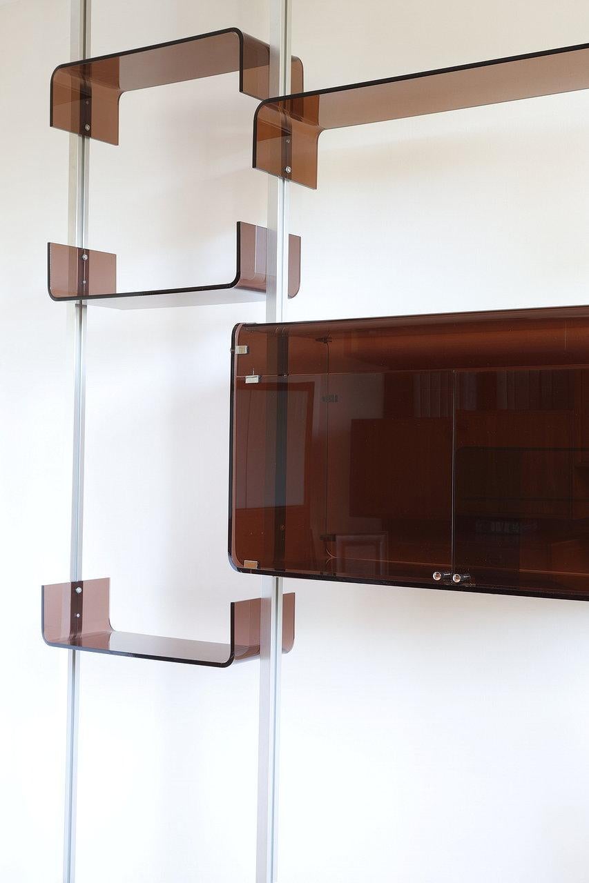 Aluminum Roche Bobois bookcase in smoked plexiglass by Michel Ducaroy
