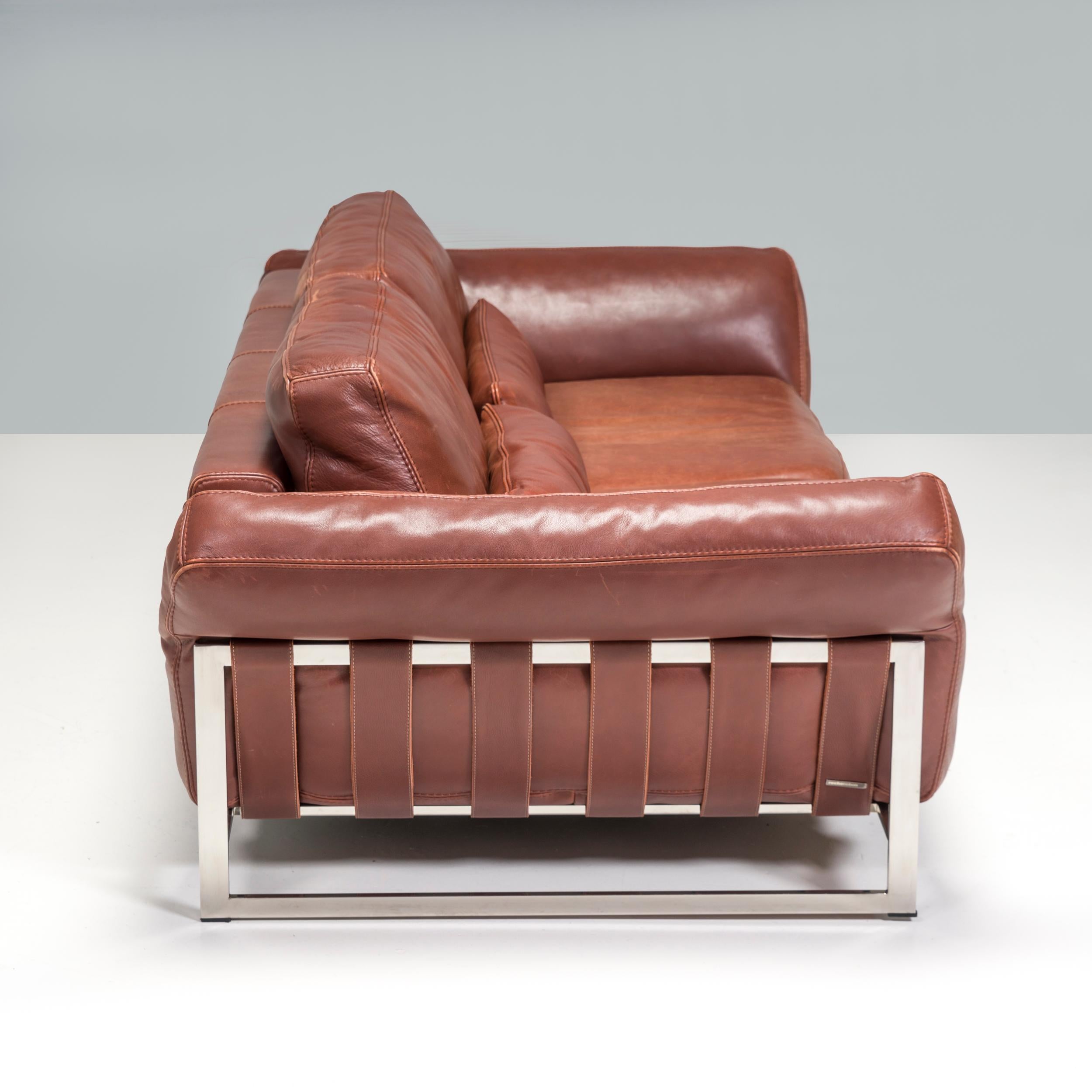 French Roche Bobois Brown Leather Sofa For Sale