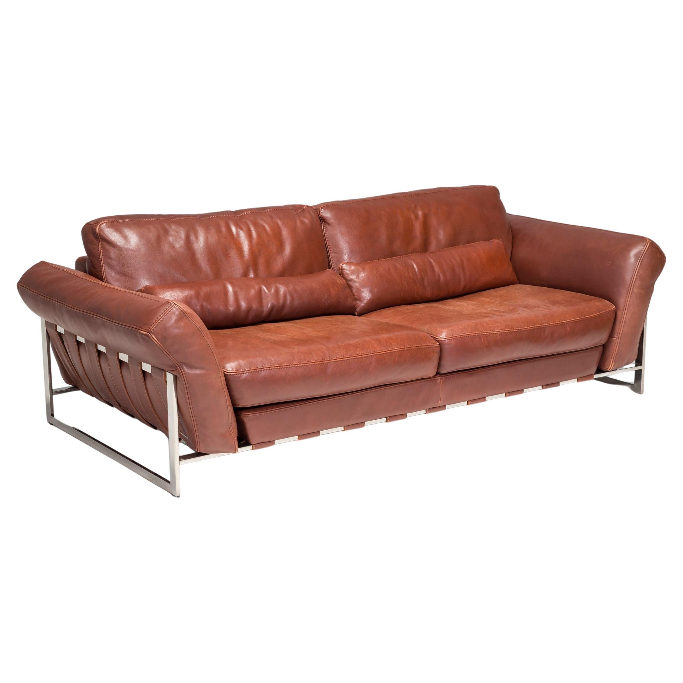 Roche Bobois Brown Leather Sofa For Sale