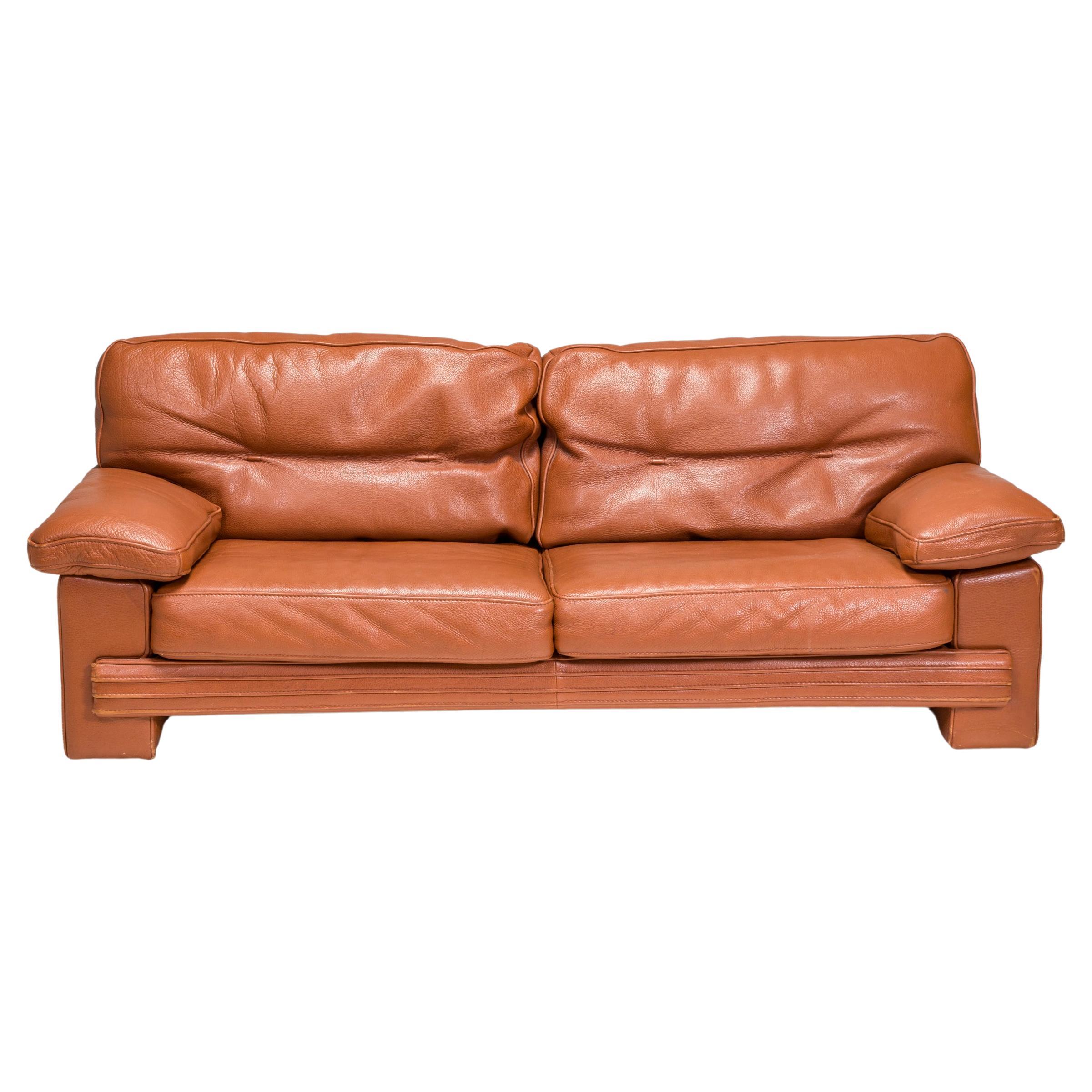 Roche Bobois Brown Leather Sofa, Three Seater For Sale