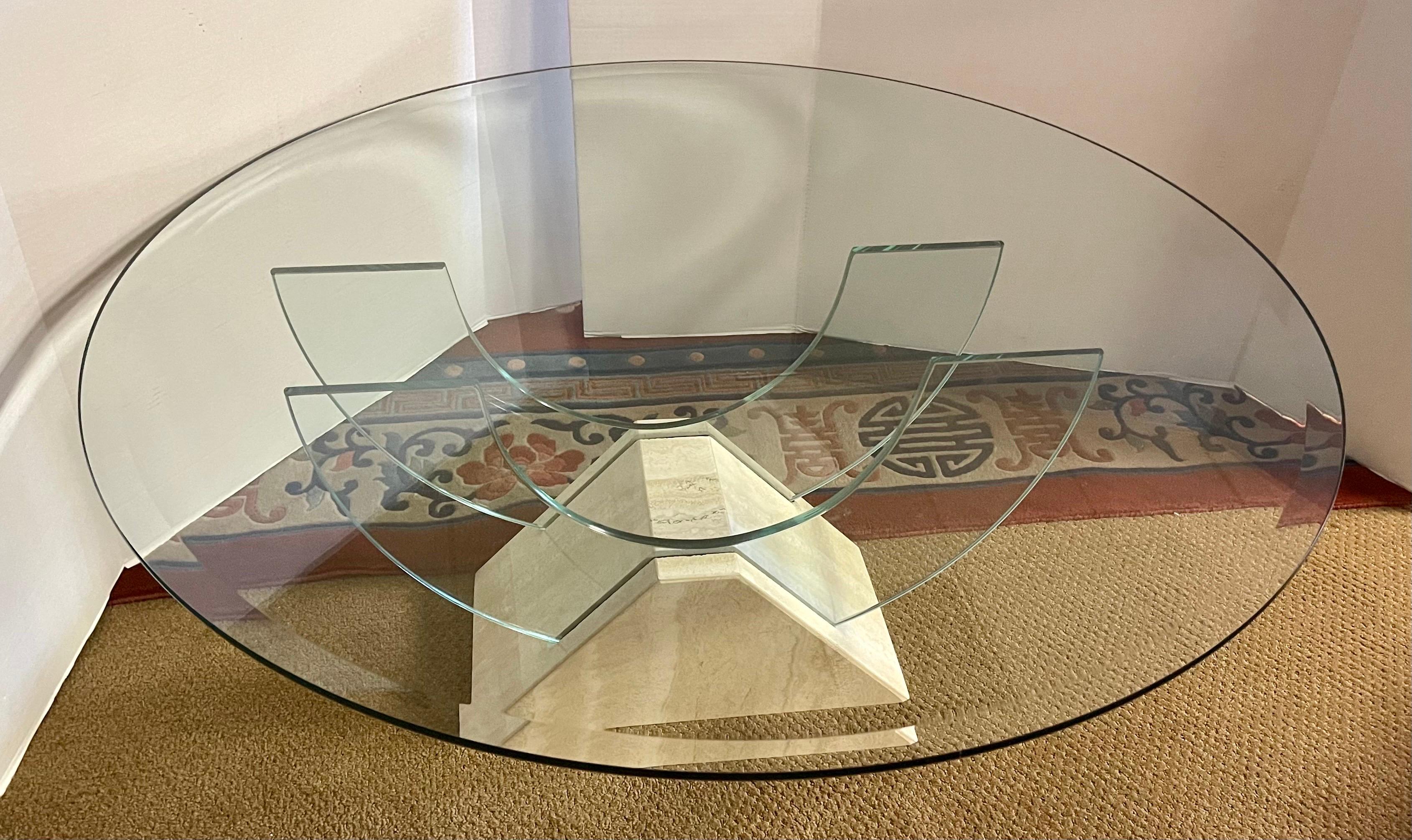 Italian Roche Bobois Carrara Marble and Glass Post Modern Round Cocktail Coffee Table