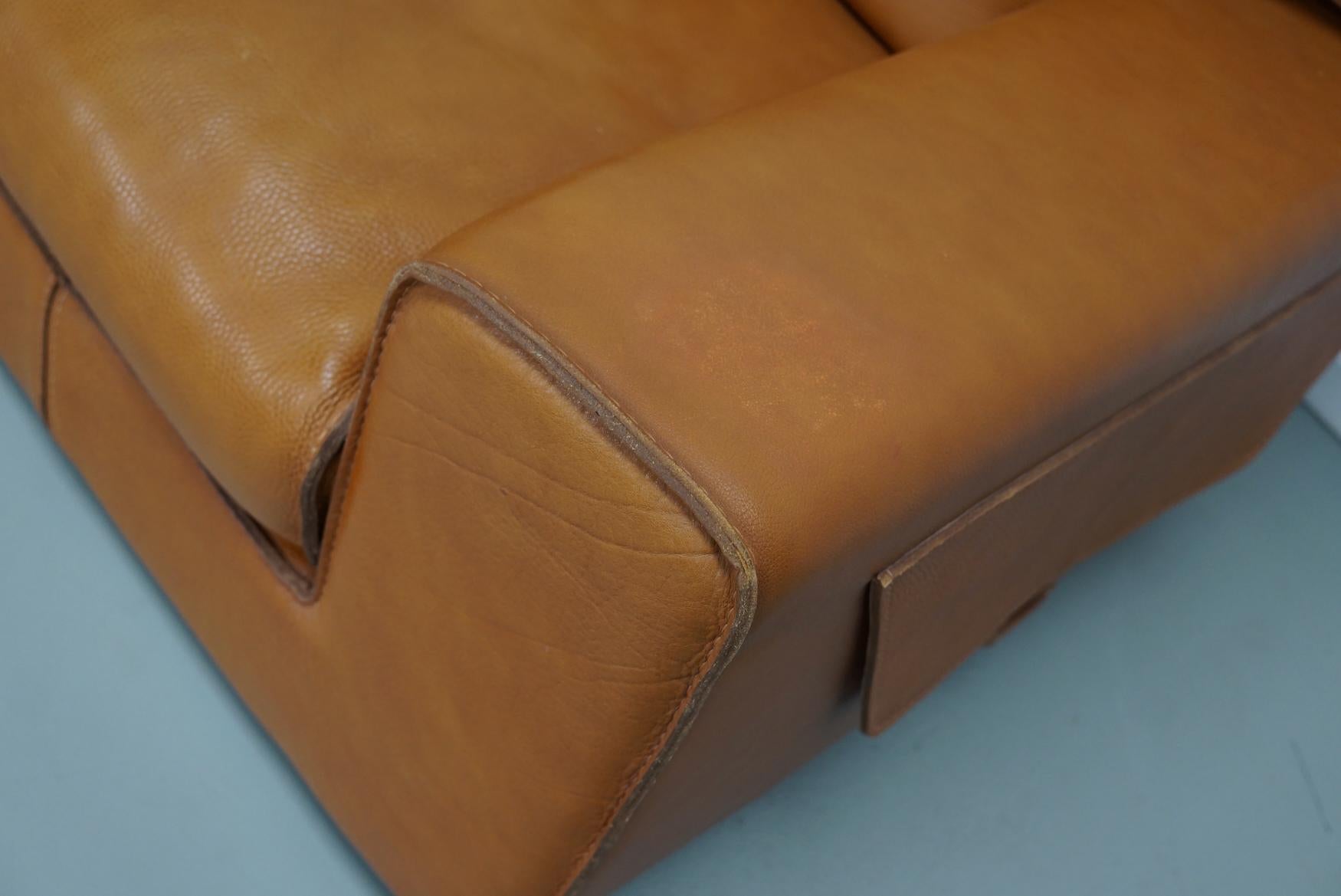 French Roche Bobois Club Chair In Tan / Cognac Neck Leather – France, circa 1980 For Sale
