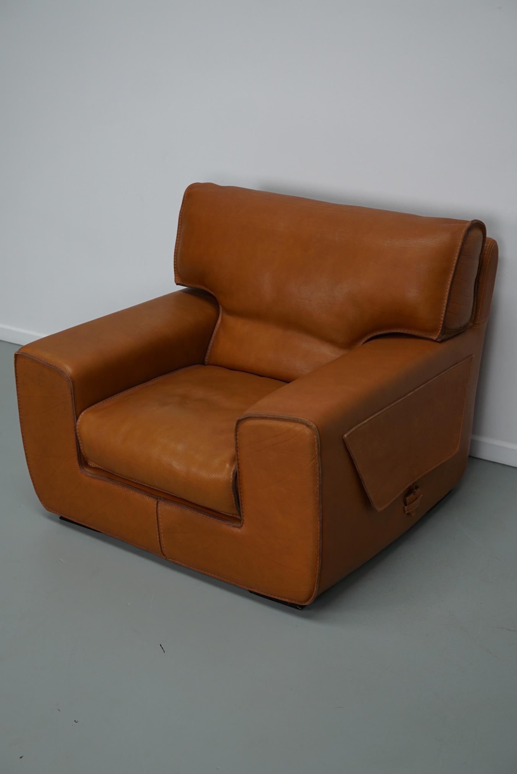 Late 20th Century Roche Bobois Club Chair In Tan / Cognac Neck Leather – France, circa 1980 For Sale