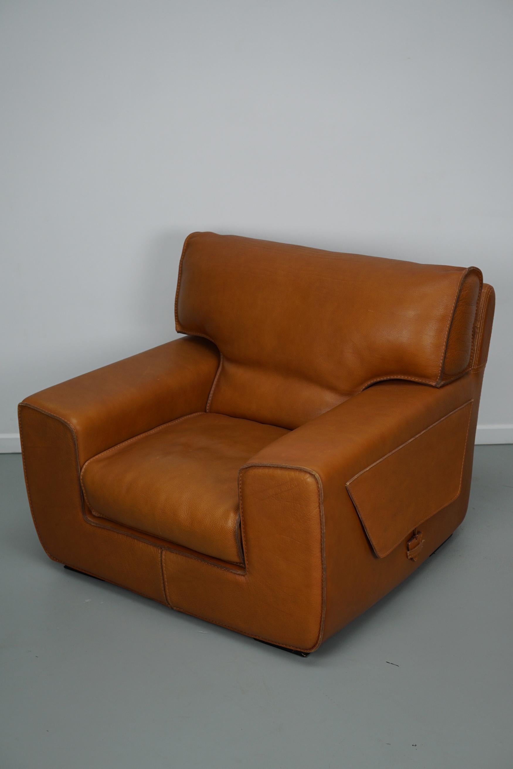 Lead Roche Bobois Club Chair In Tan / Cognac Neck Leather – France, circa 1980 For Sale