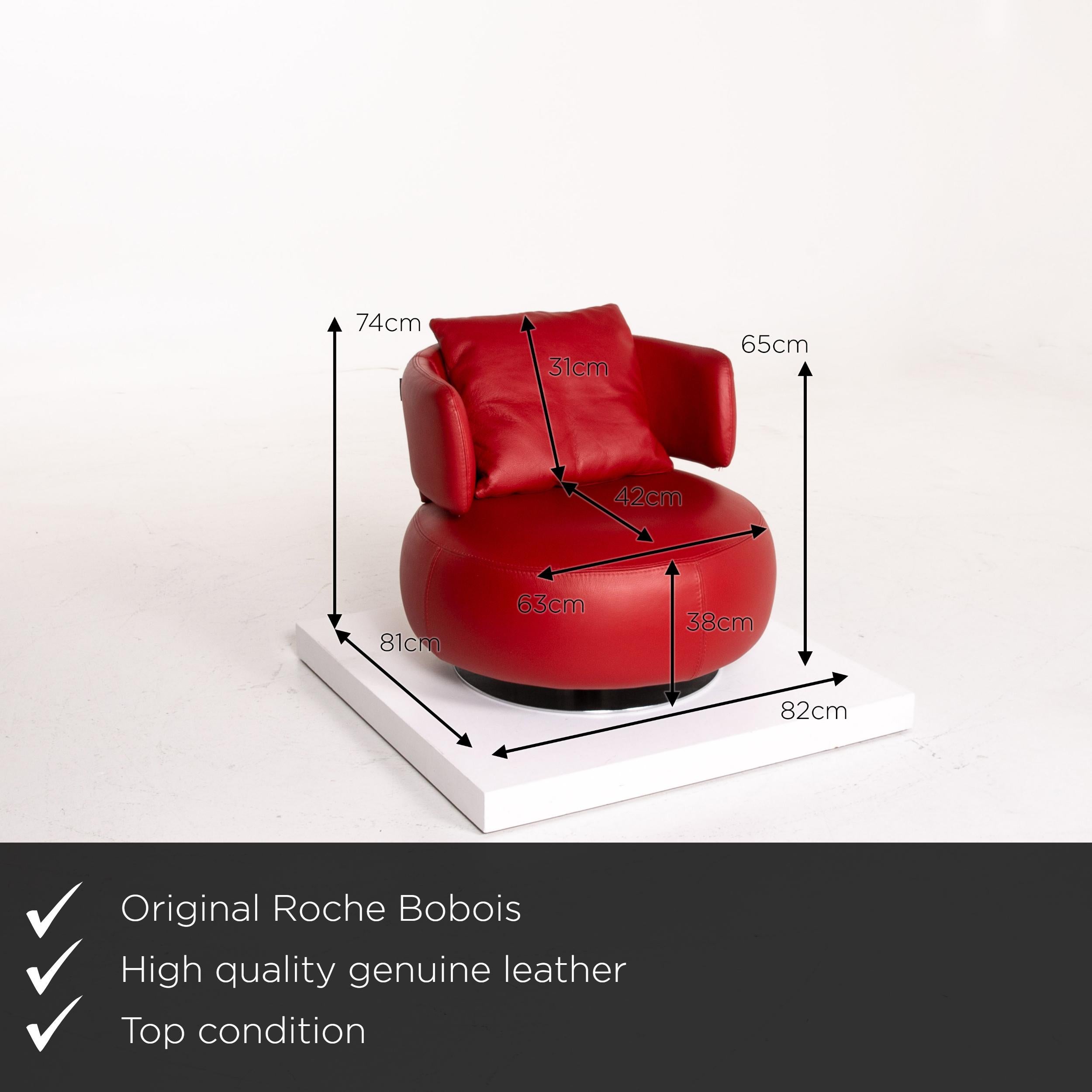 We present to you a Roche Bobois curl leather armchair red swivel.

Product measurements in centimeters:

Depth 81
Width 82
Height 74
Seat height 38
Rest height 65
Seat depth 42
Seat width 63
Back height 31.
 
 
   