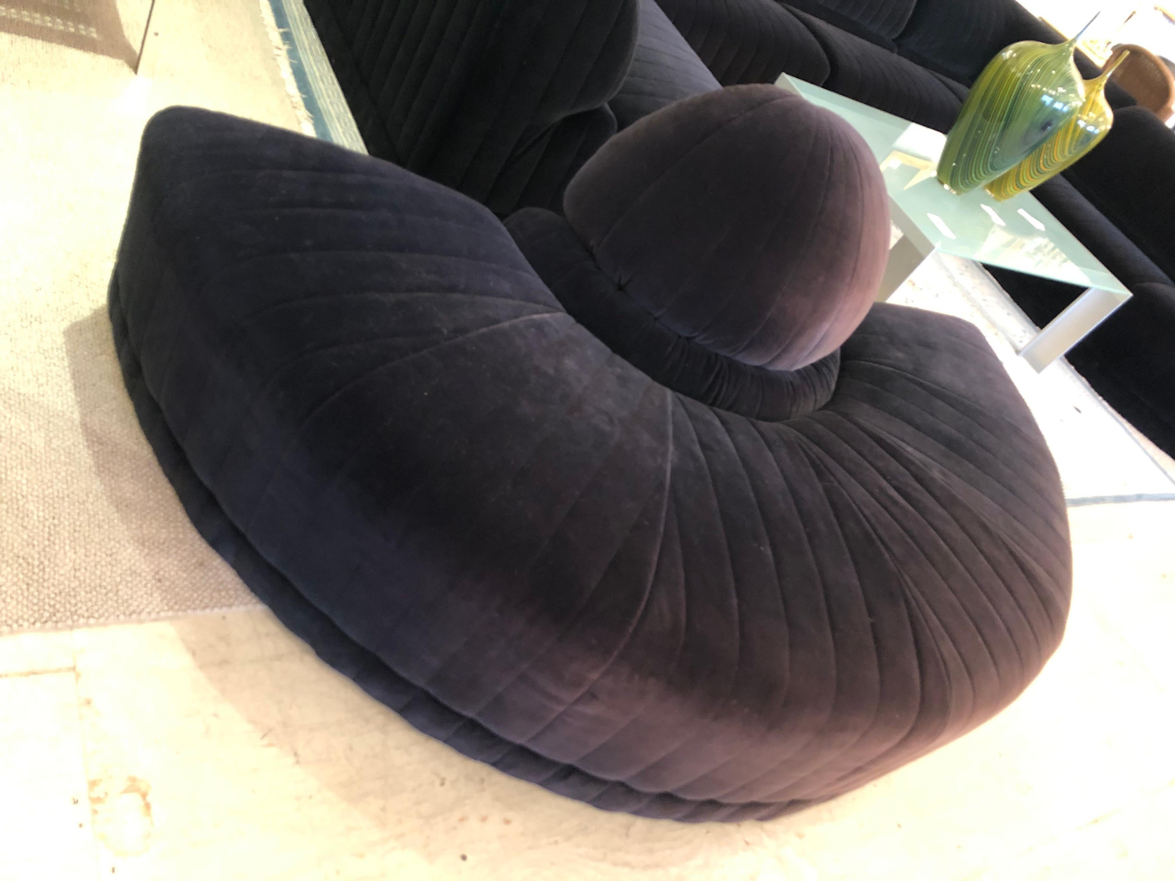 Modern Roche Bobois Dark Blue Velvet Half Circle Banquette Pouf For Sale