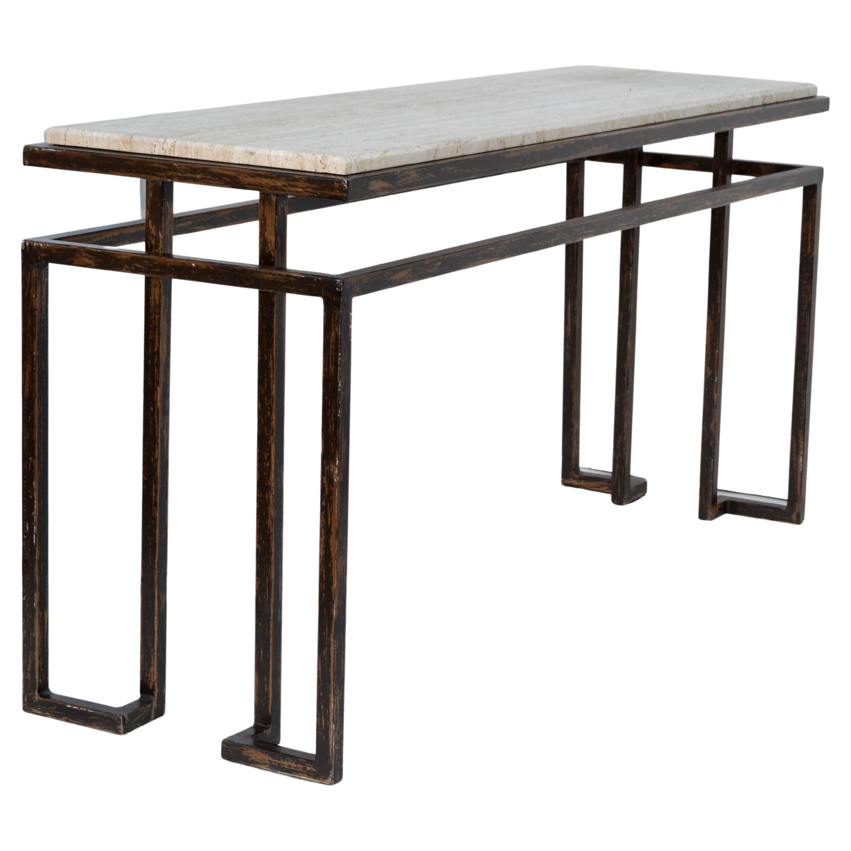 Roche Bobois Floating Steel Console Black Bronze Finish & Travertine Top 1980