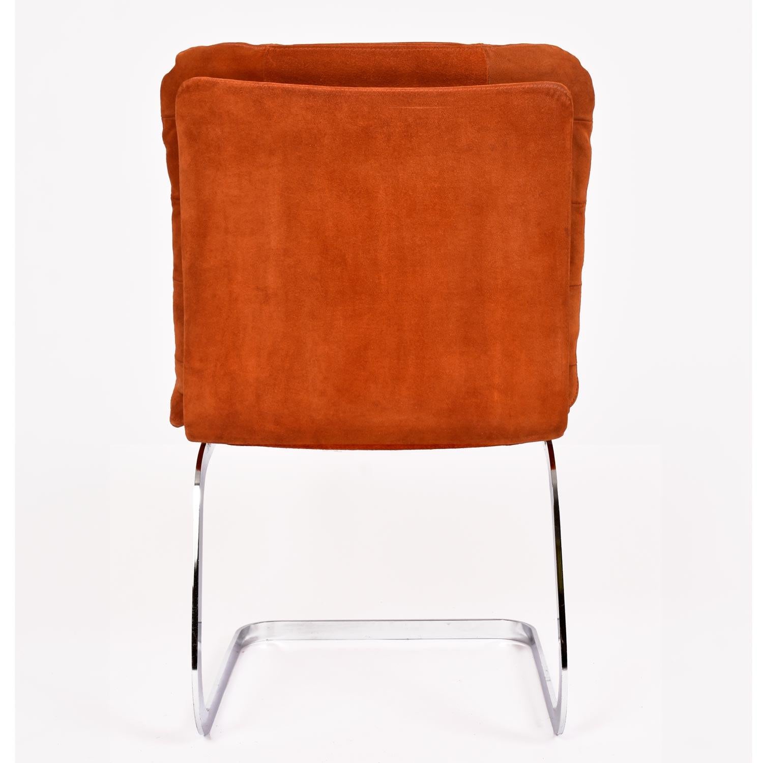 Roche Bobois French Cantilever Burnt Orange Suede Side Chairs on Chrome Bases In Good Condition In Chattanooga, TN