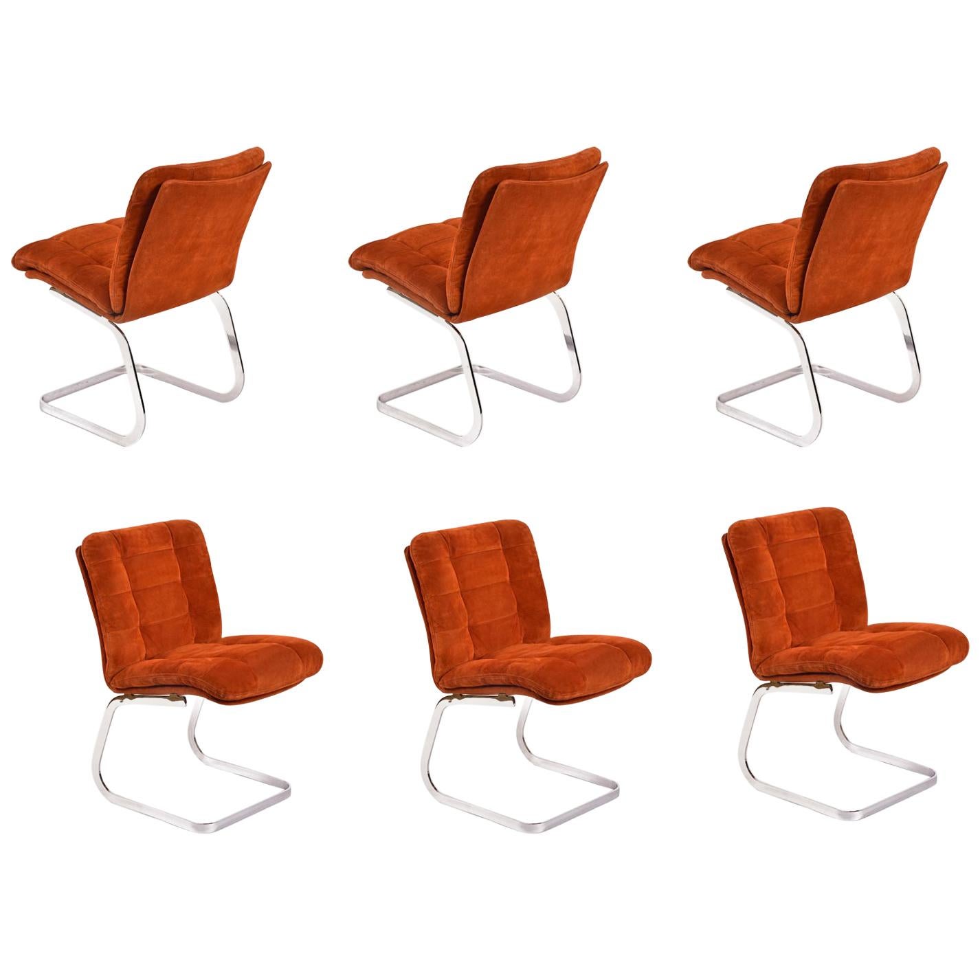 Roche Bobois French Cantilever Burnt Orange Suede Side Chairs on Chrome Bases