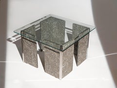 Roche Bobois Glass Coffee Table with Stone & Chrome Base, 1970s