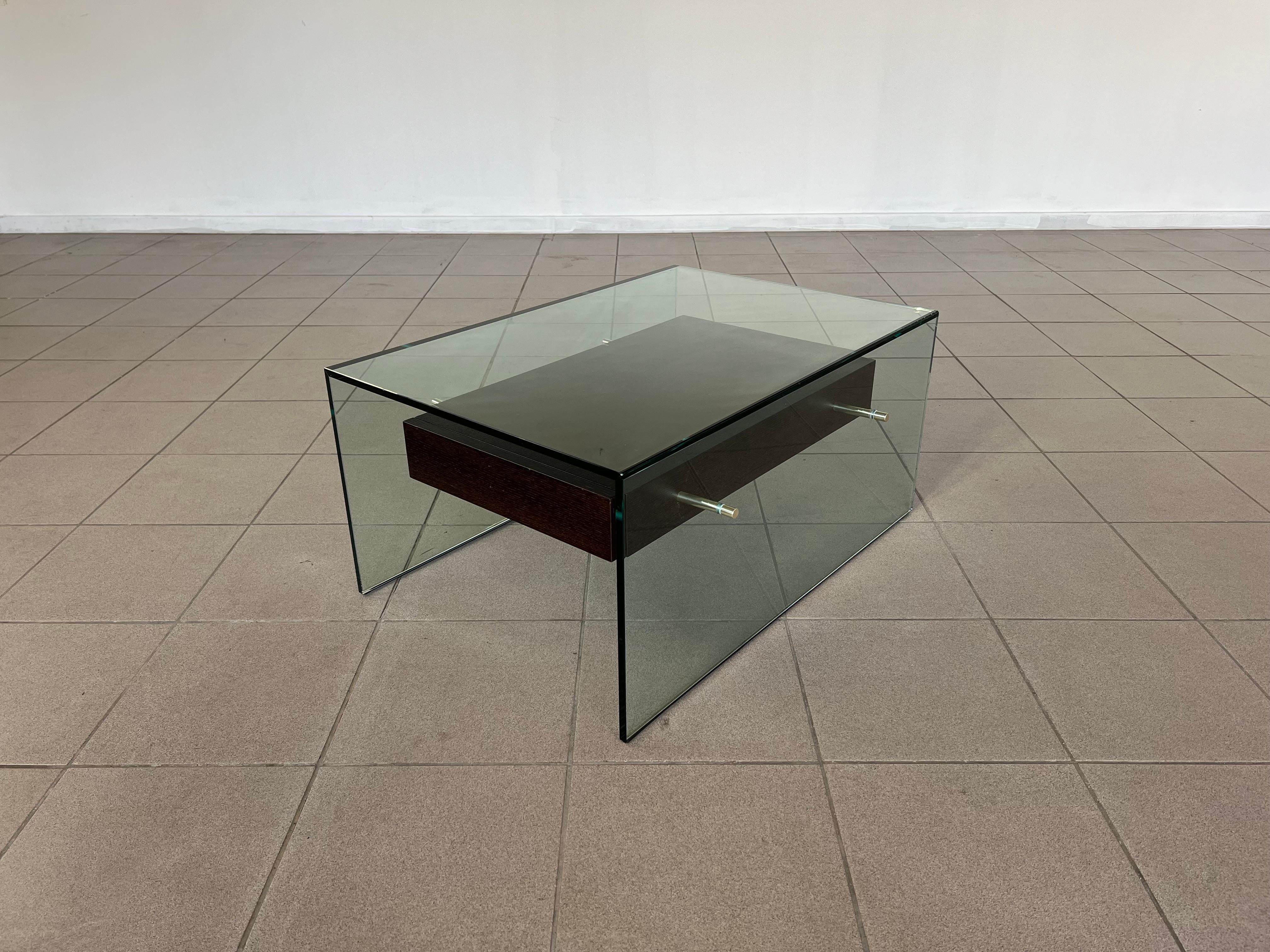 French Roche Bobois INDO Tempered Glass and Wood End or Coffee Table 