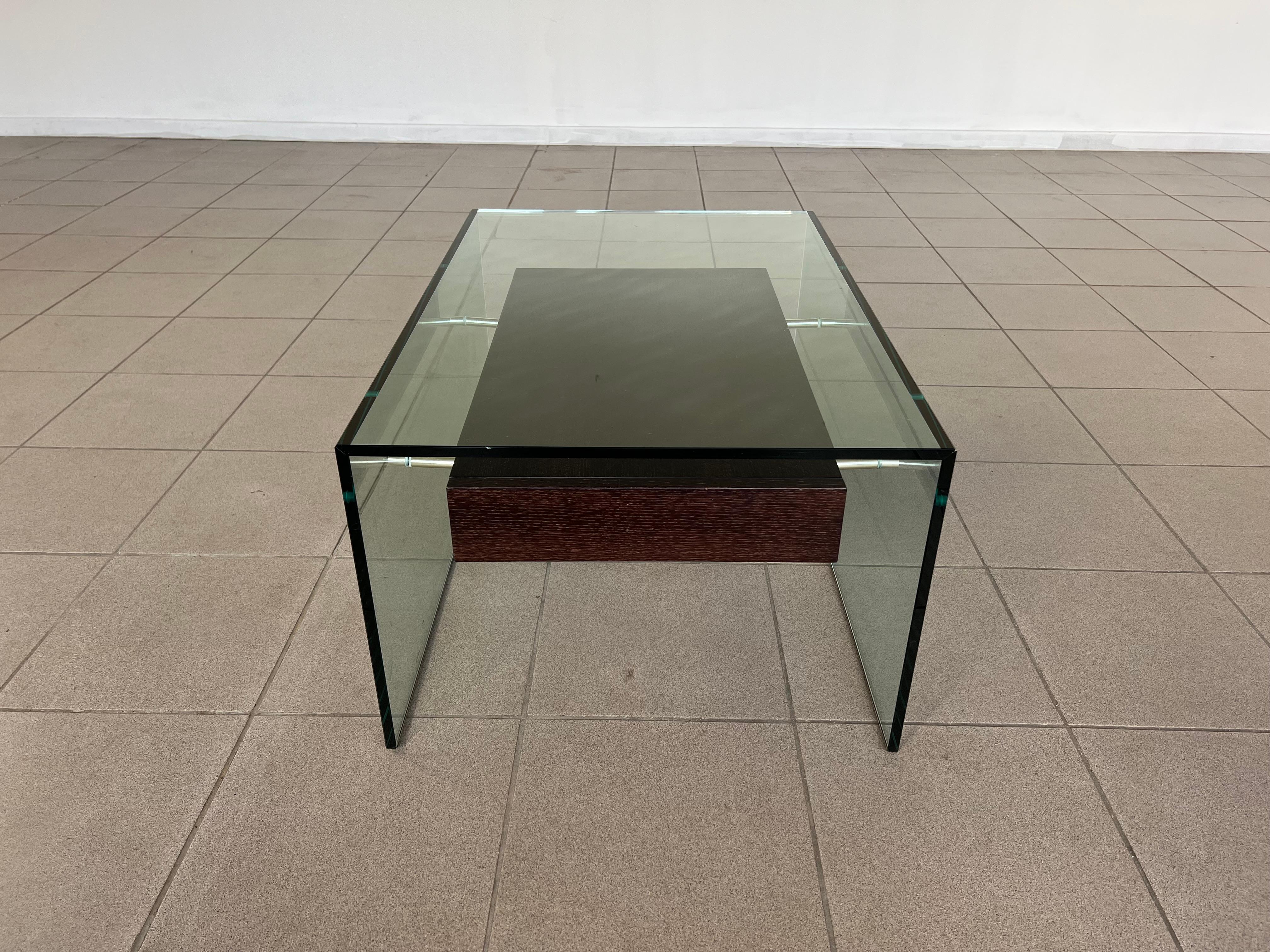 Roche Bobois INDO Tempered Glass and Wood End or Coffee Table  In Good Condition In Bridgeport, CT