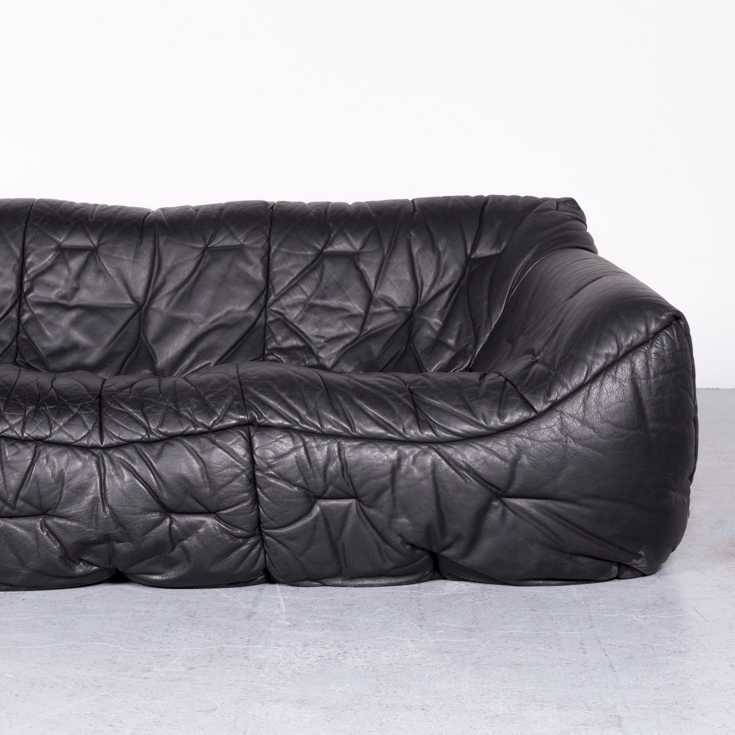French Roche Bobois Informel Designer Leather Sofa Black Three-Seat Couch
