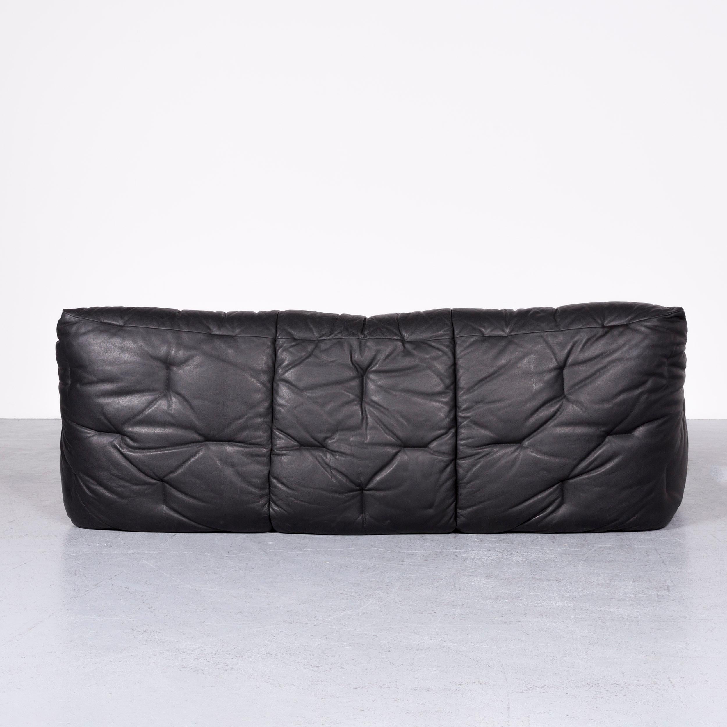 Roche Bobois Informel Designer Leather Sofa Black Three-Seat Couch 1