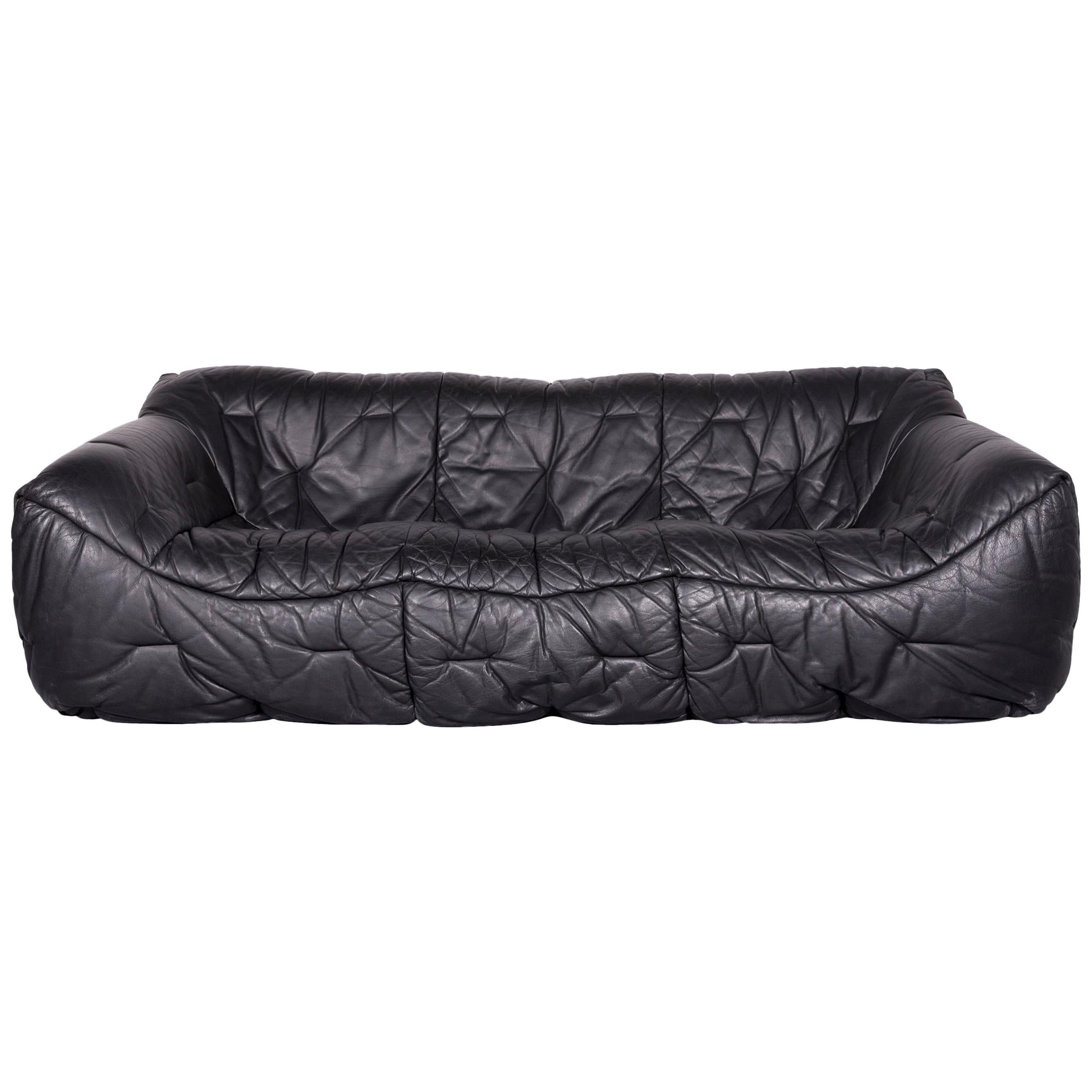 Roche Bobois Informel Designer Leather Sofa Black Three-Seat Couch