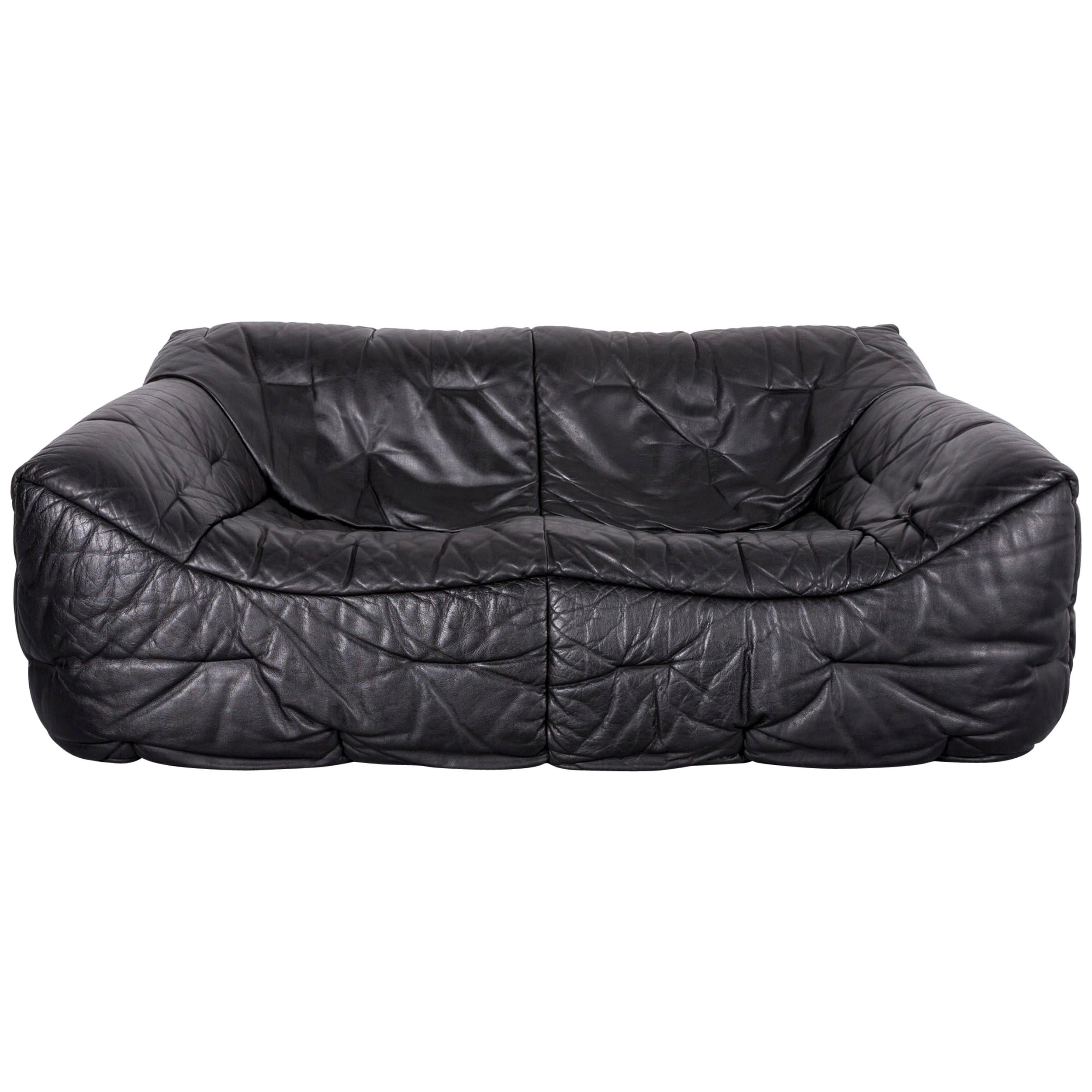 Roche Bobois Informel Leather Sofa Black Two-Seat Couch at 1stDibs