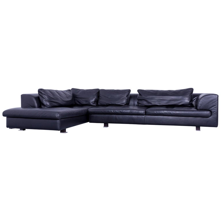 Roche Bobois Leather Corner Sofa Black Couch at 1stDibs