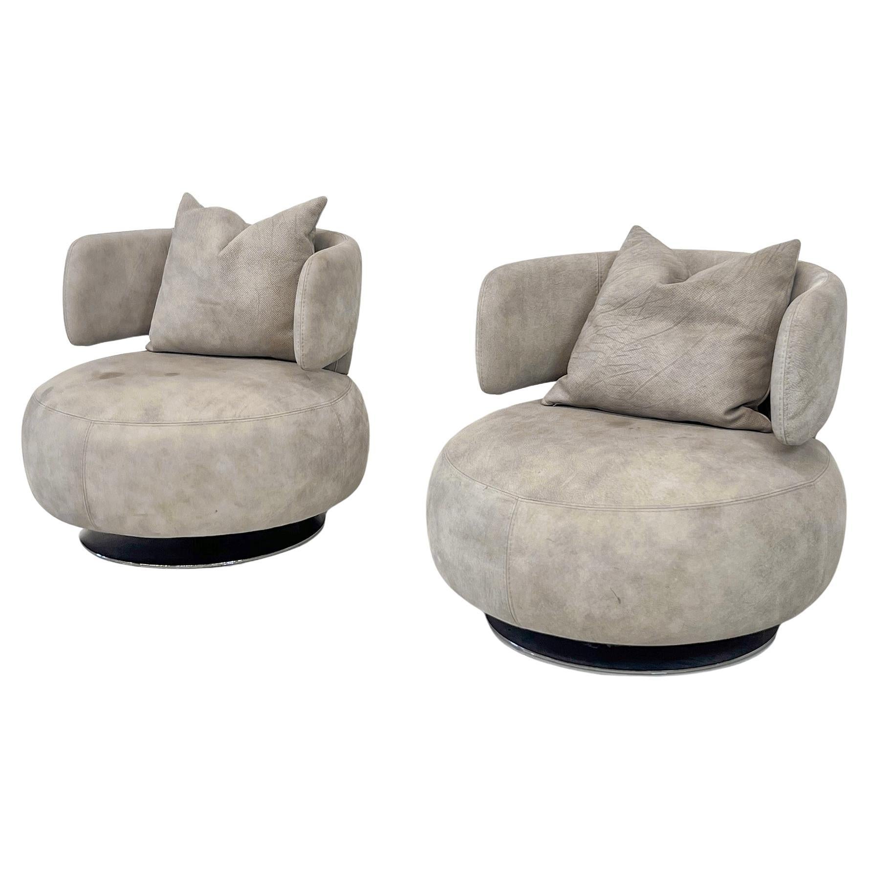 Roche Bobois Leather Curl Swivel Lounge Chairs, A Pair