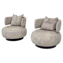Roche Bobois Leather Curl Swivel Lounge Chairs, A Pair