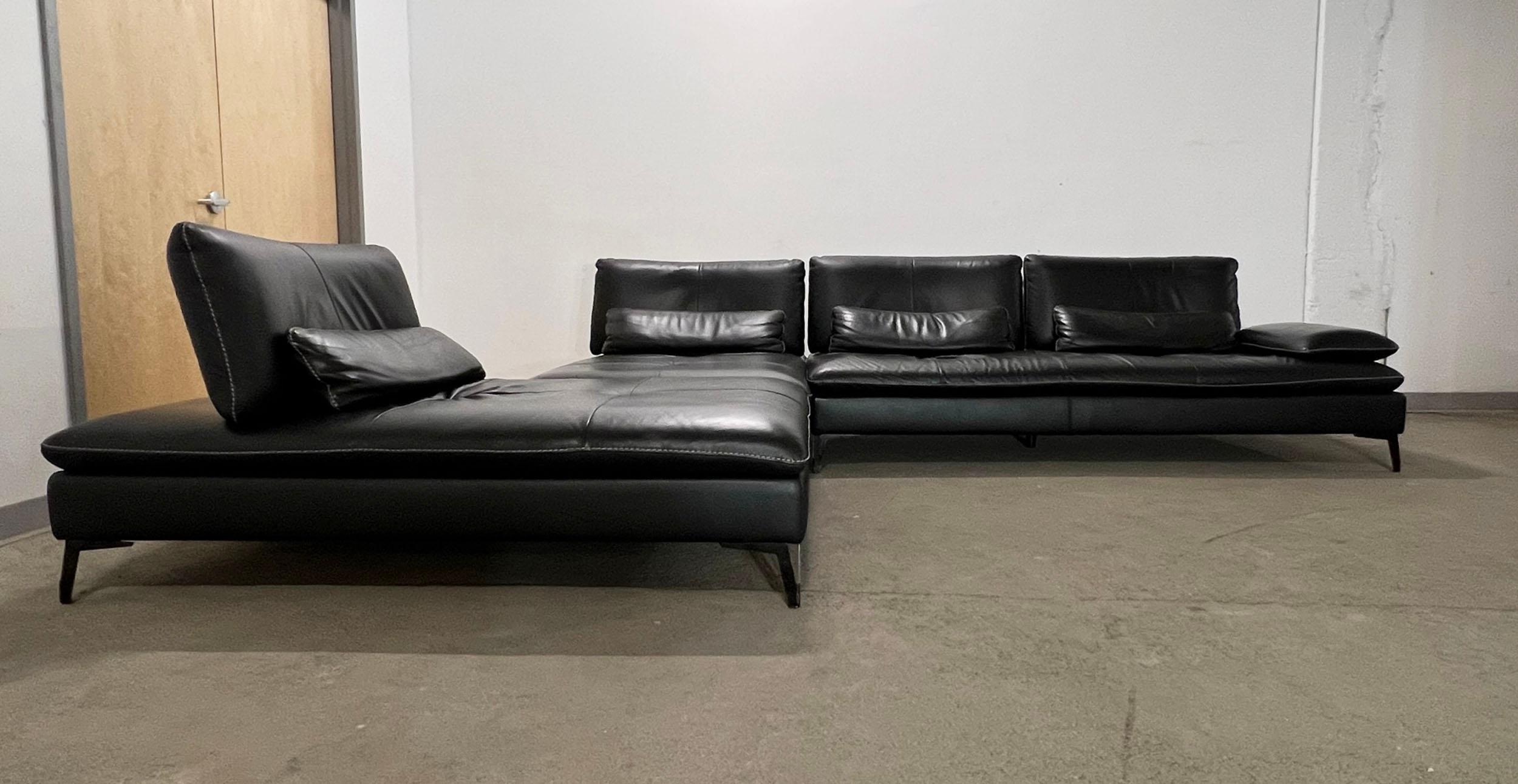 A vintage three piece modular leather “Scenario” sectional sofa designed by Sacha Lakic for the French design firm Roche Bobois. Consists of two identical chaise longue with adjustable backrests and a full sized sofa with right side armrest, also
