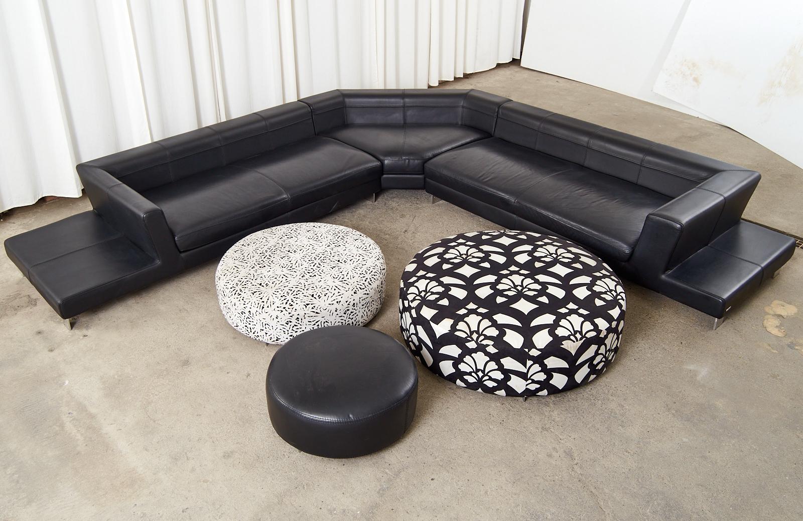 Modern Roche Bobois Leather Sectional Sofa with Ottomans