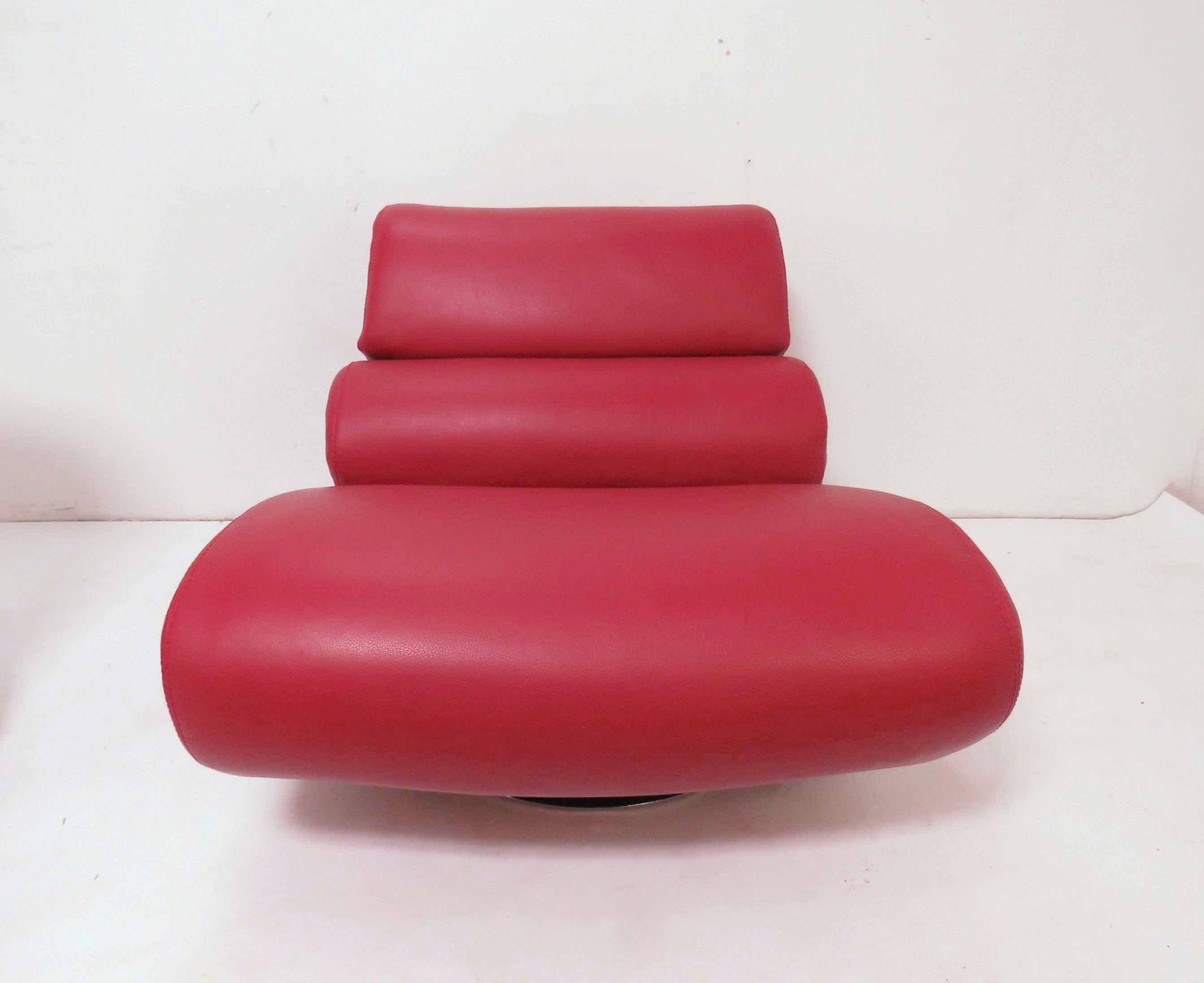 Italian Roche Bobois Leather Swivel Lounge Chair with Ottoman