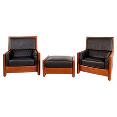 Roche Bobois Leather Upholstered Club Chairs and Ottoman