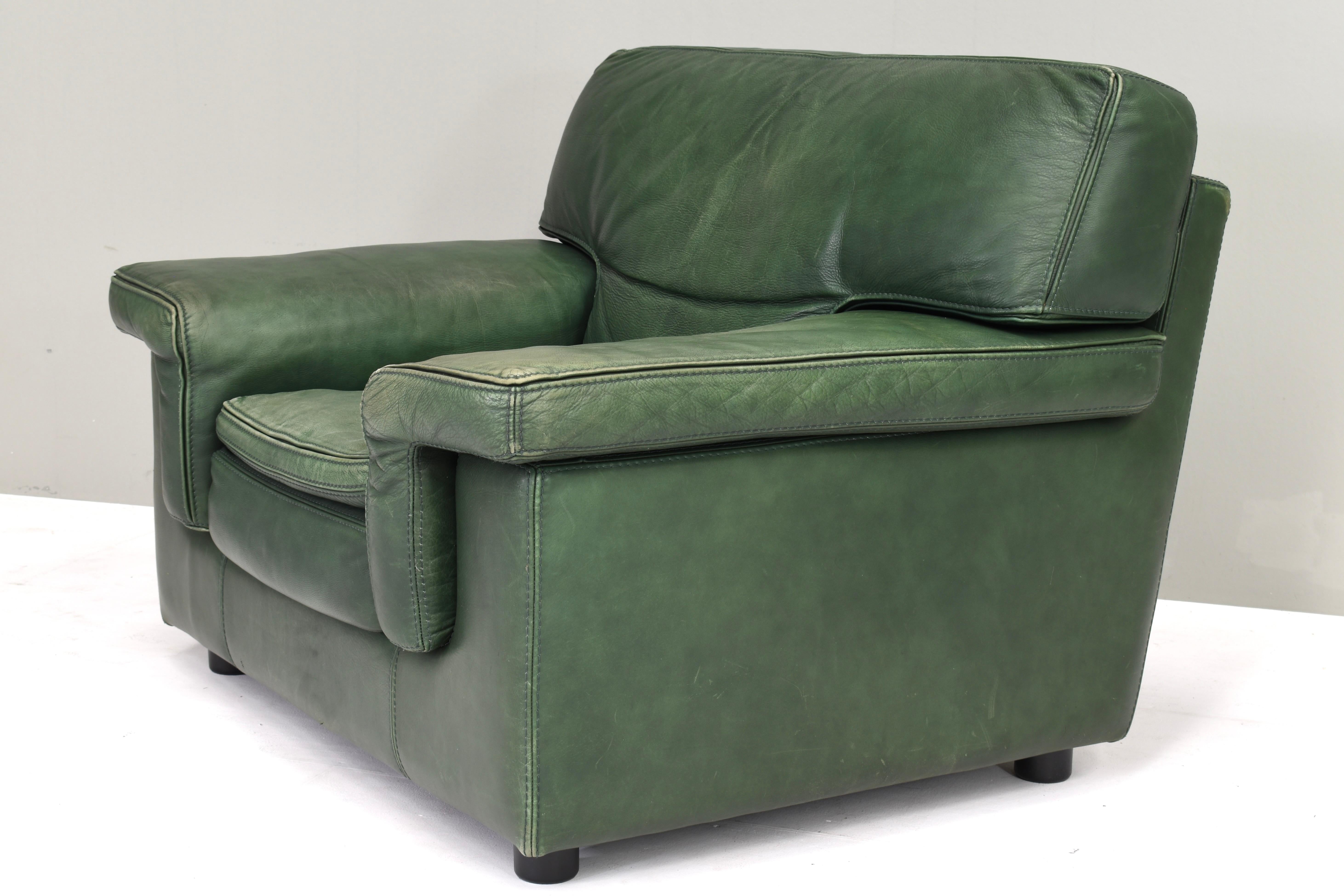 Italian Roche Bobois Lounge Armchair in Original Green Patinated Leather – circa 1970 For Sale