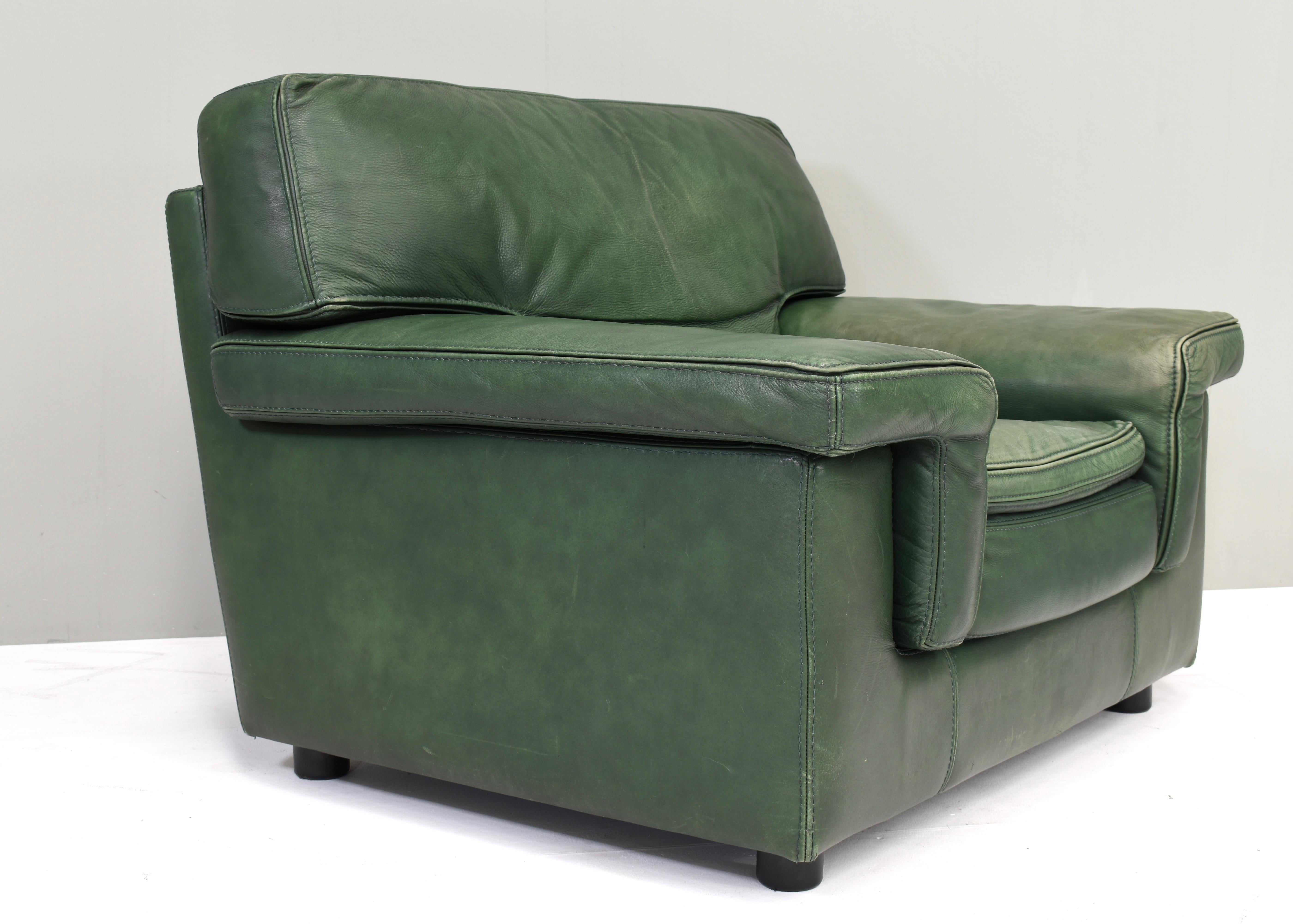 Late 20th Century Roche Bobois Lounge Armchair in Original Green Patinated Leather – circa 1970 For Sale
