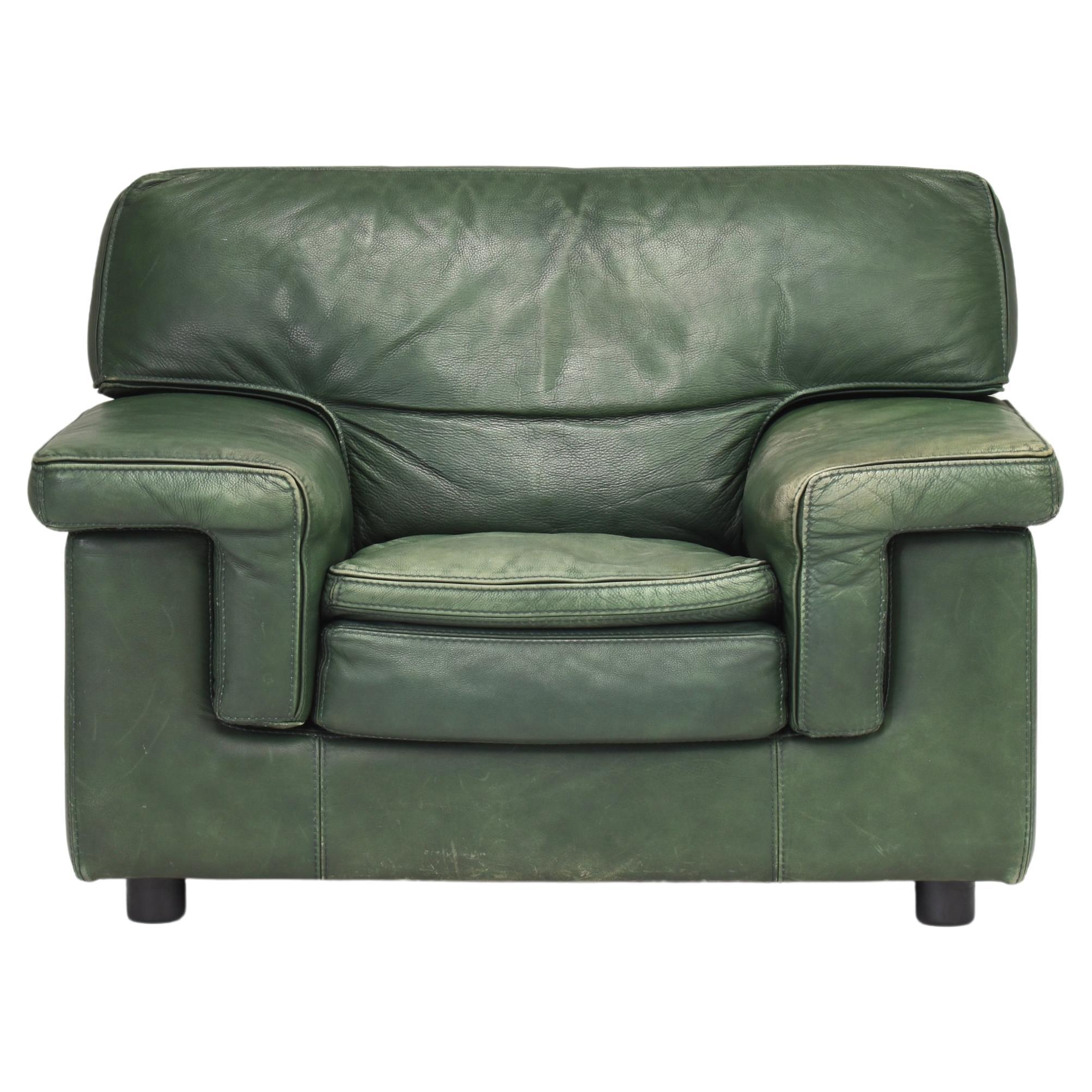 Fauteuil Lounge de Roche Bobois en cuir patiné vert d'origine - circa 1970 en vente