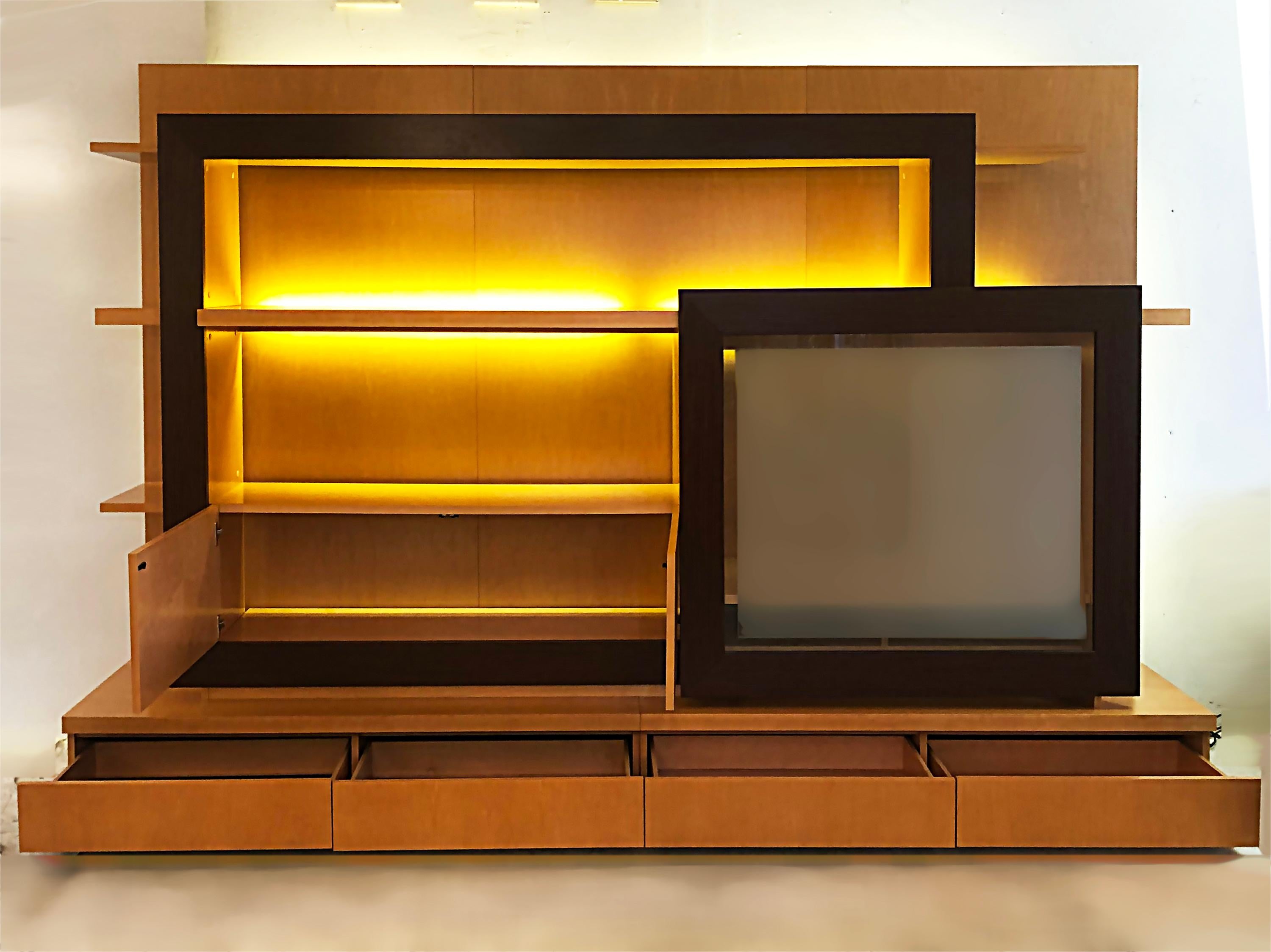 Modern Roche Bobois Maple Carnaval Wall Unit Media Cabinet, France 2012 with Lighting For Sale