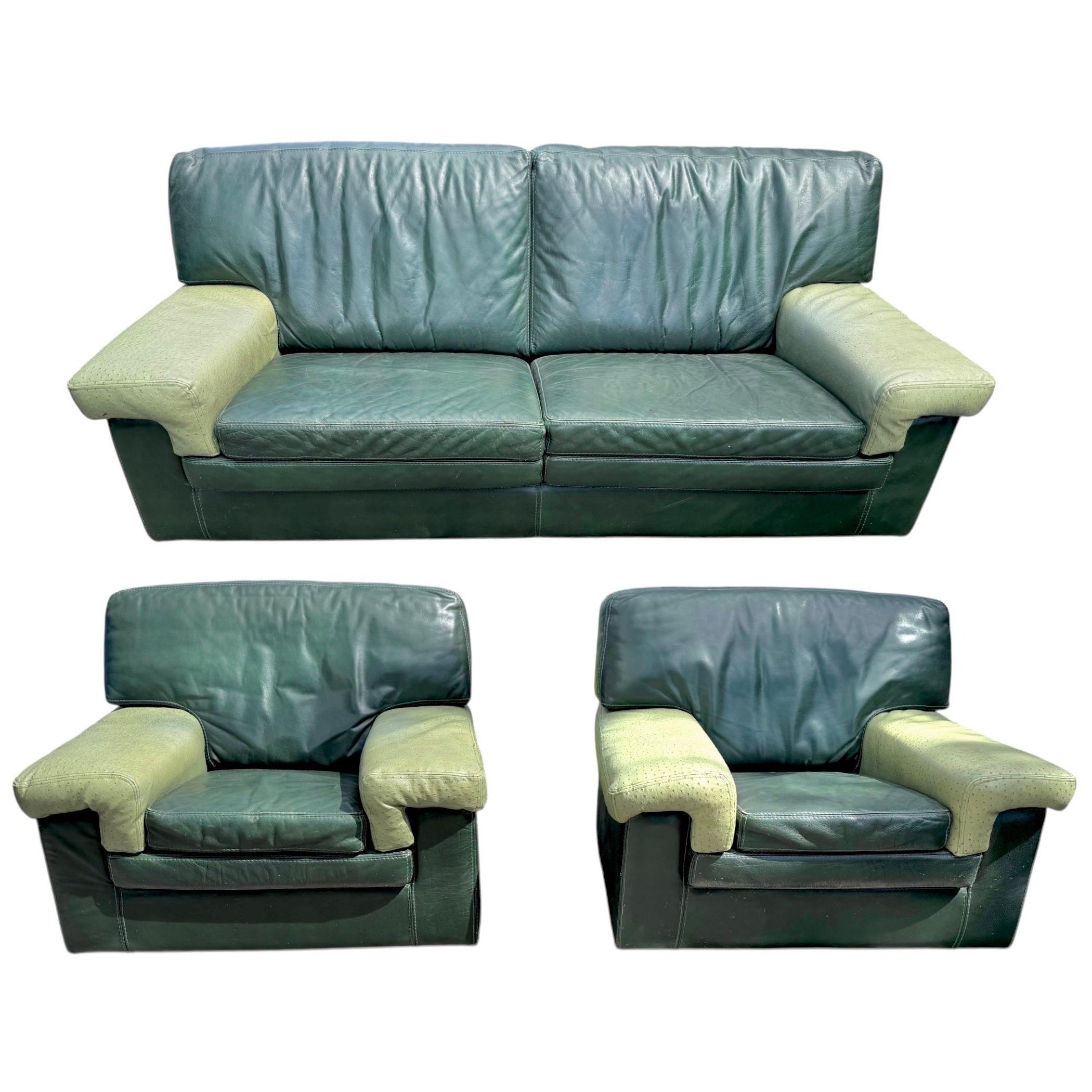 Roche Bobois Canapé et chaises longues assortis en cuir d'autruche vert d'origine en vente