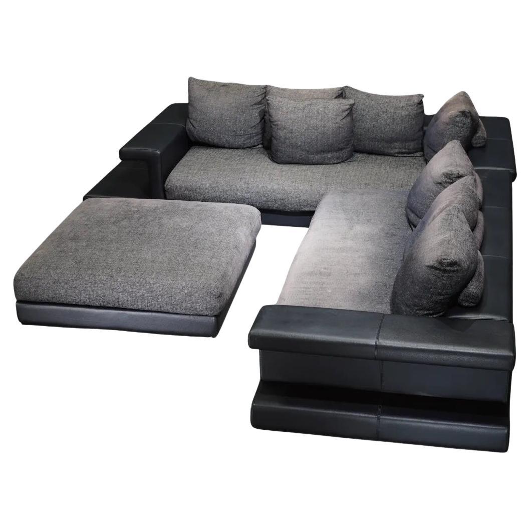 Roche Bobois Memento-Sofa mit Ottomane und Leder-Beistell Bücherregalen