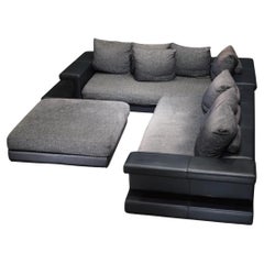 Roche Bobois Memento-Sofa mit Ottomane und Leder-Beistell Bücherregalen