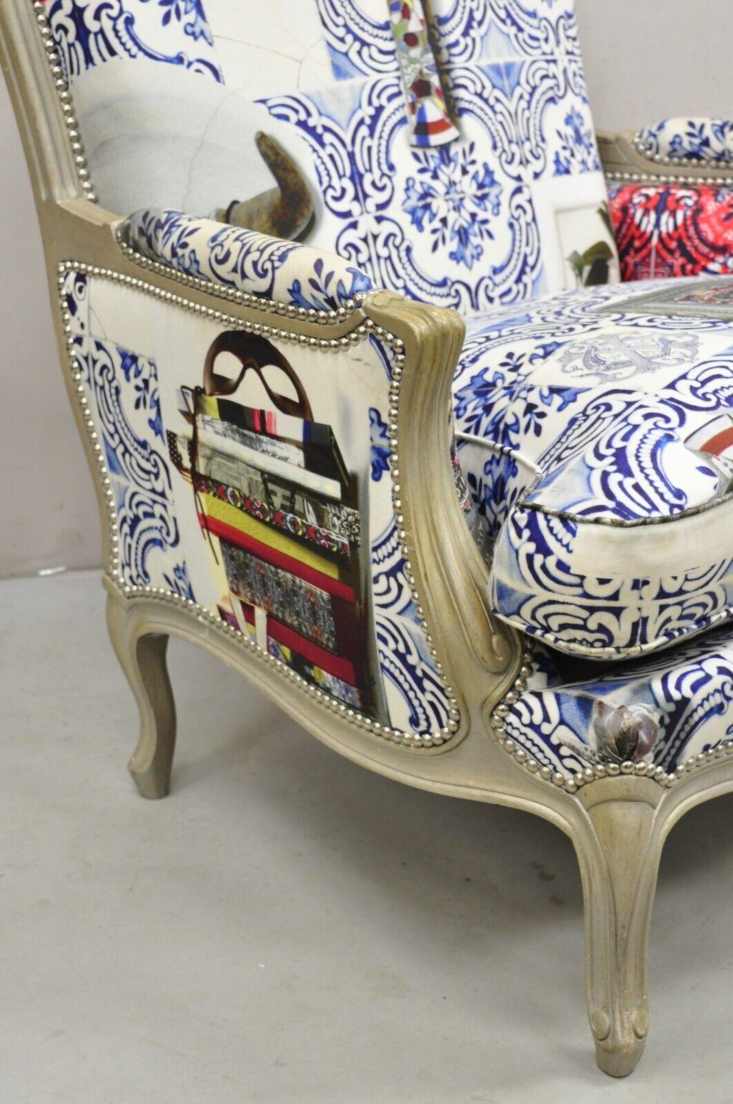 Roche Bobois Mexican Print French Louis XV Style Painted Bergere Arm Chair For Sale 4