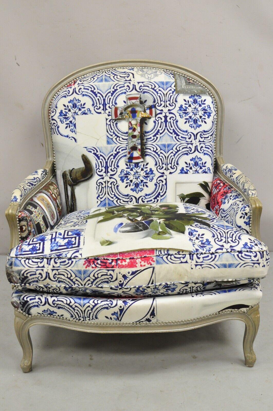 Roche Bobois Mexican Print French Louis XV Style Painted Bergere Arm Chair For Sale 10