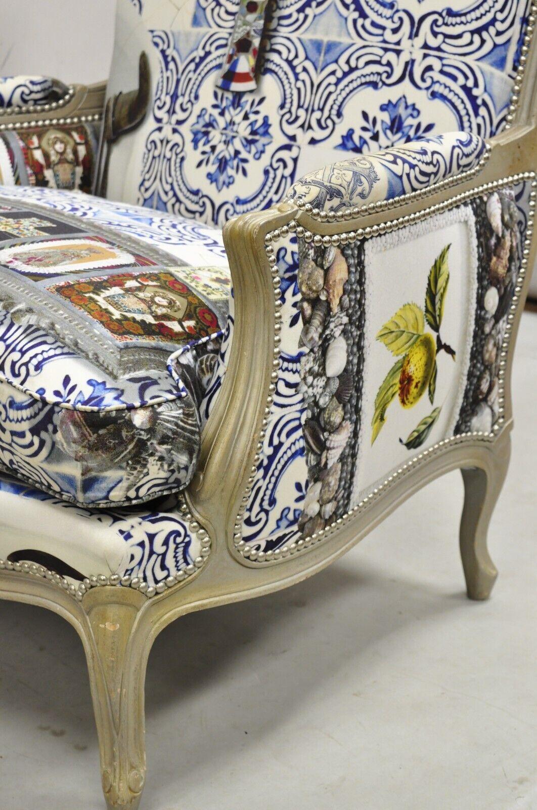 Roche Bobois Mexican Print French Louis XV Style Painted Bergere Arm Chair For Sale 3