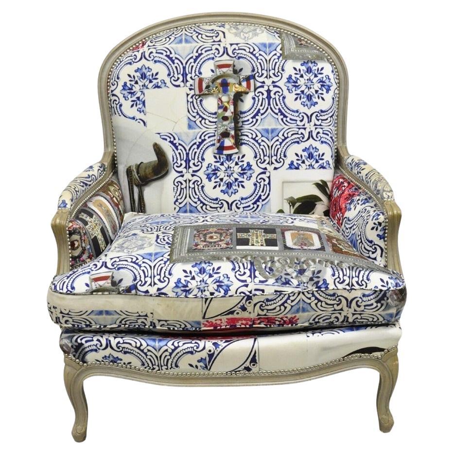 Roche Bobois Mexican Print French Louis XV Style Painted Bergere Arm Chair For Sale